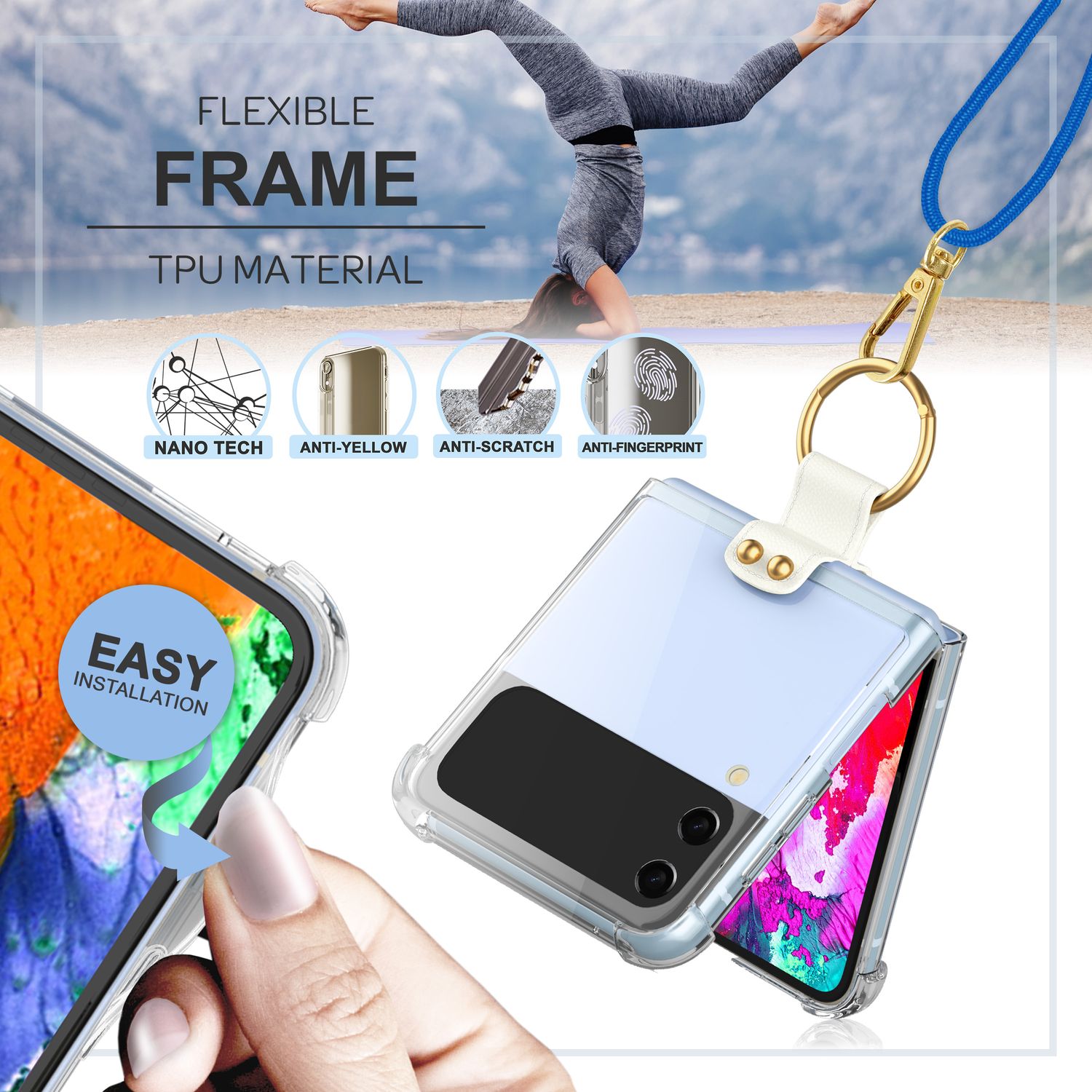 Umhänge Hülle für Samsung Galaxy Z Flip4 Klare Schutzhülle mit Band Schnur Ring Blau NALIA
