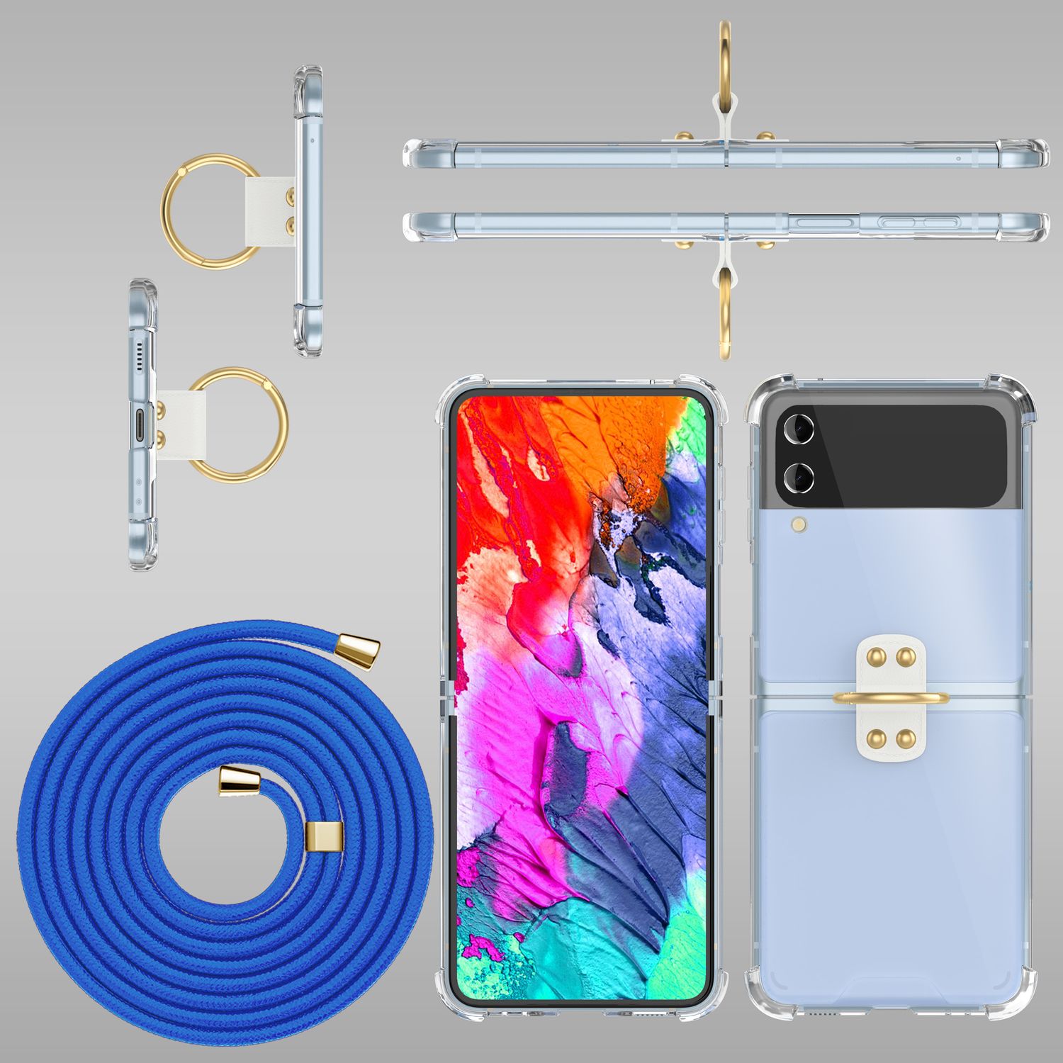 Umhänge Hülle für Samsung Galaxy Z Flip4 Klare Schutzhülle mit Band Schnur Ring Blau NALIA
