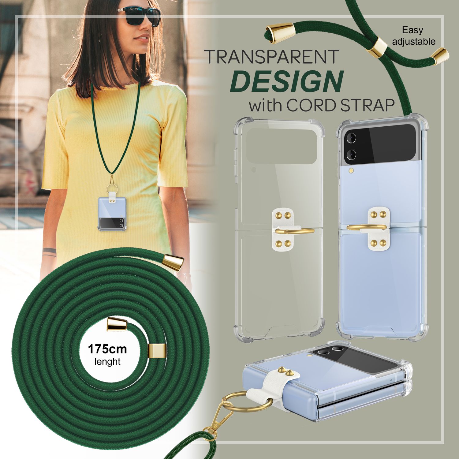 Umhänge Hülle für Samsung Galaxy Z Flip4 Klare Schutzhülle mit Band Schnur Ring Dunkel-Grün NALIA