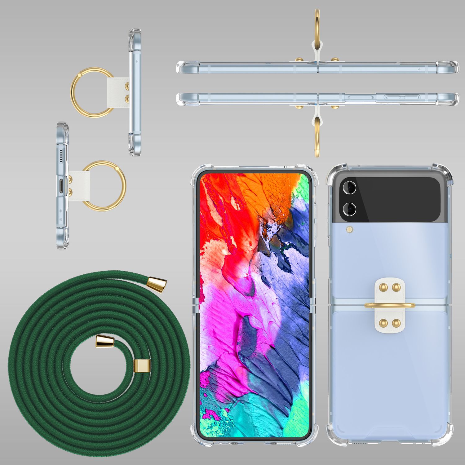 Umhänge Hülle für Samsung Galaxy Z Flip4 Klare Schutzhülle mit Band Schnur Ring Dunkel-Grün NALIA