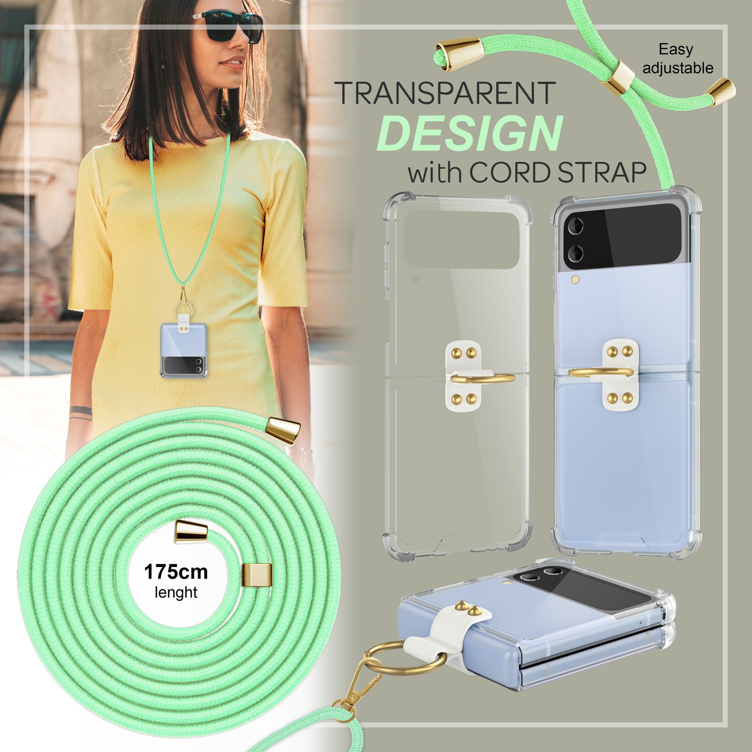 Umhänge Hülle für Samsung Galaxy Z Flip4 Klare Schutzhülle mit Band Schnur Ring Mint-Grün NALIA