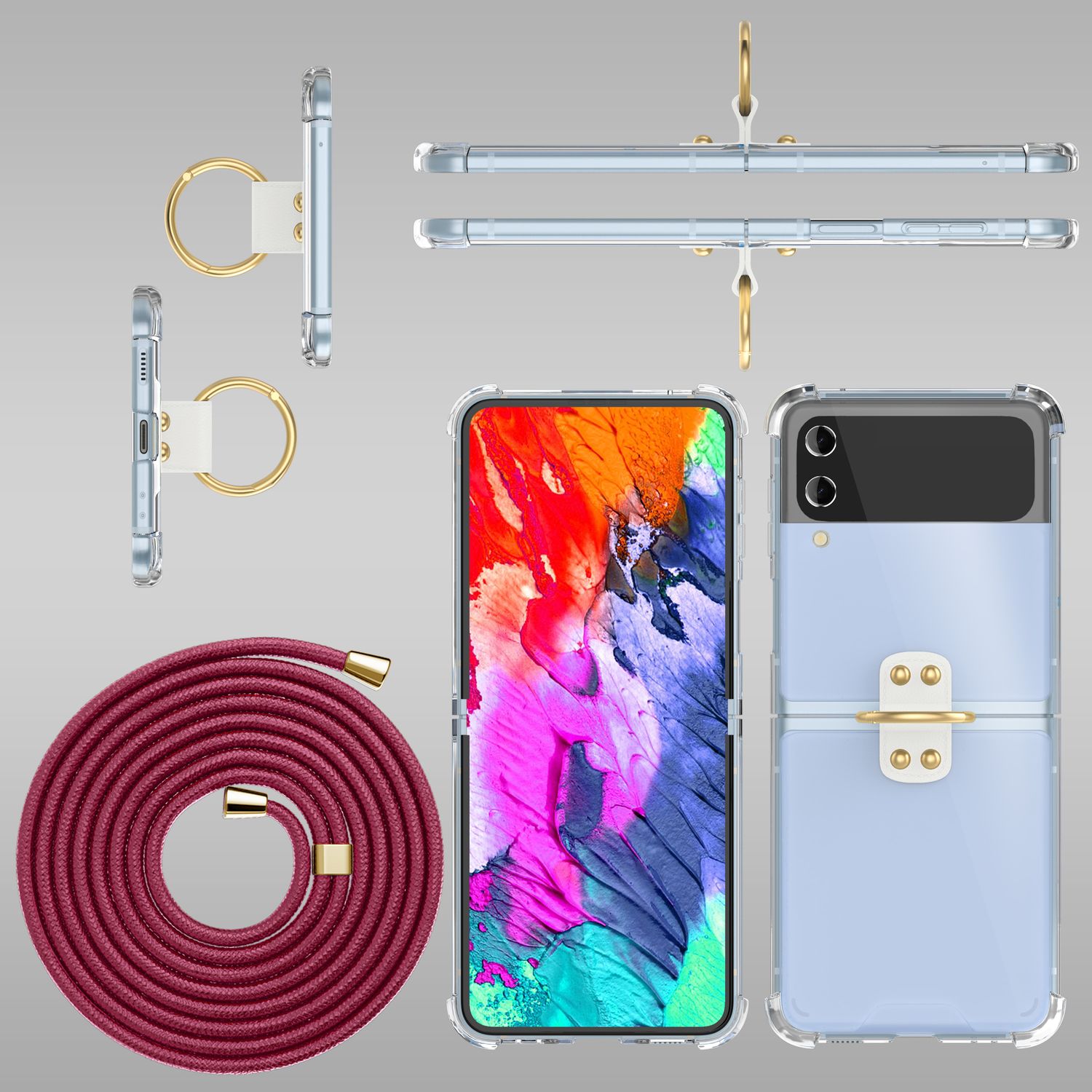 Umhänge Hülle für Samsung Galaxy Z Flip4 Klare Schutzhülle mit Band Schnur Ring Rot NALIA