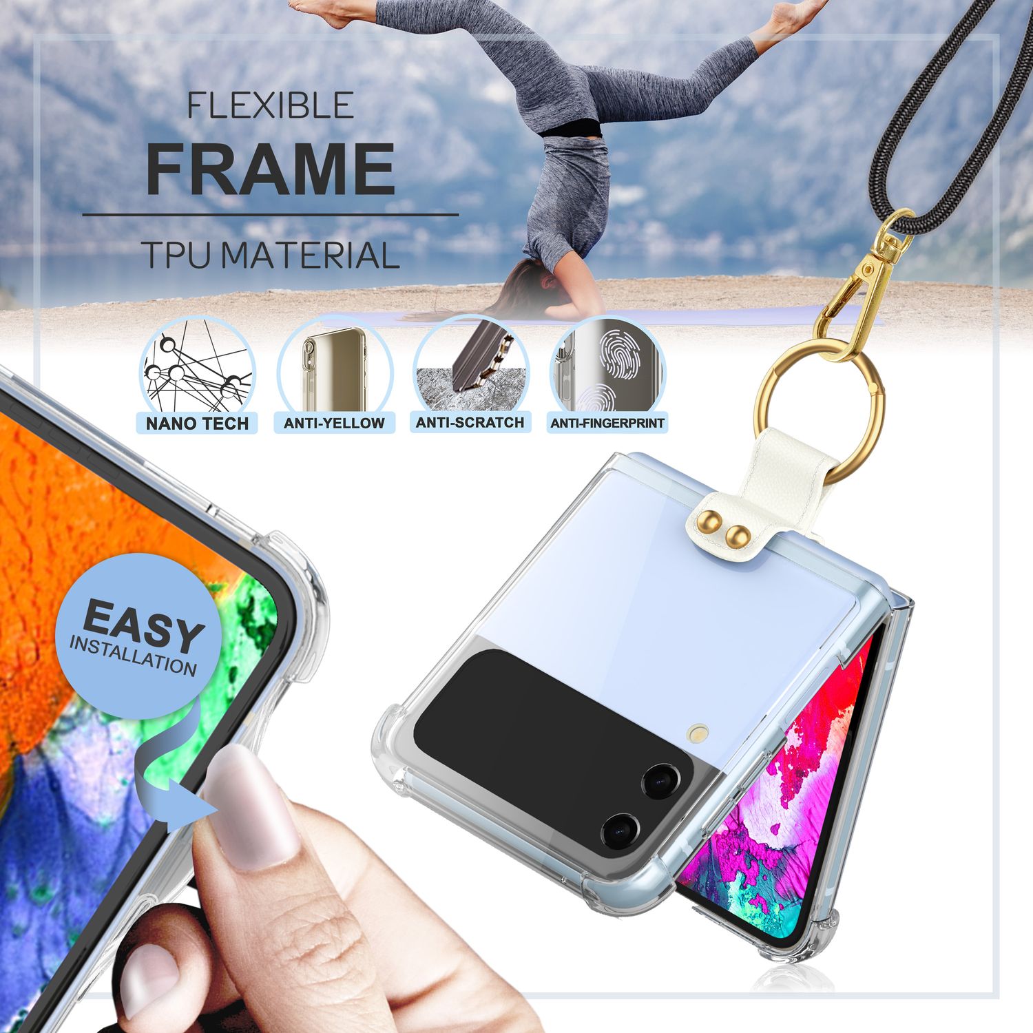 Umhänge Hülle für Samsung Galaxy Z Flip4 Klare Schutzhülle mit Band Schnur Ring Schwarz NALIA