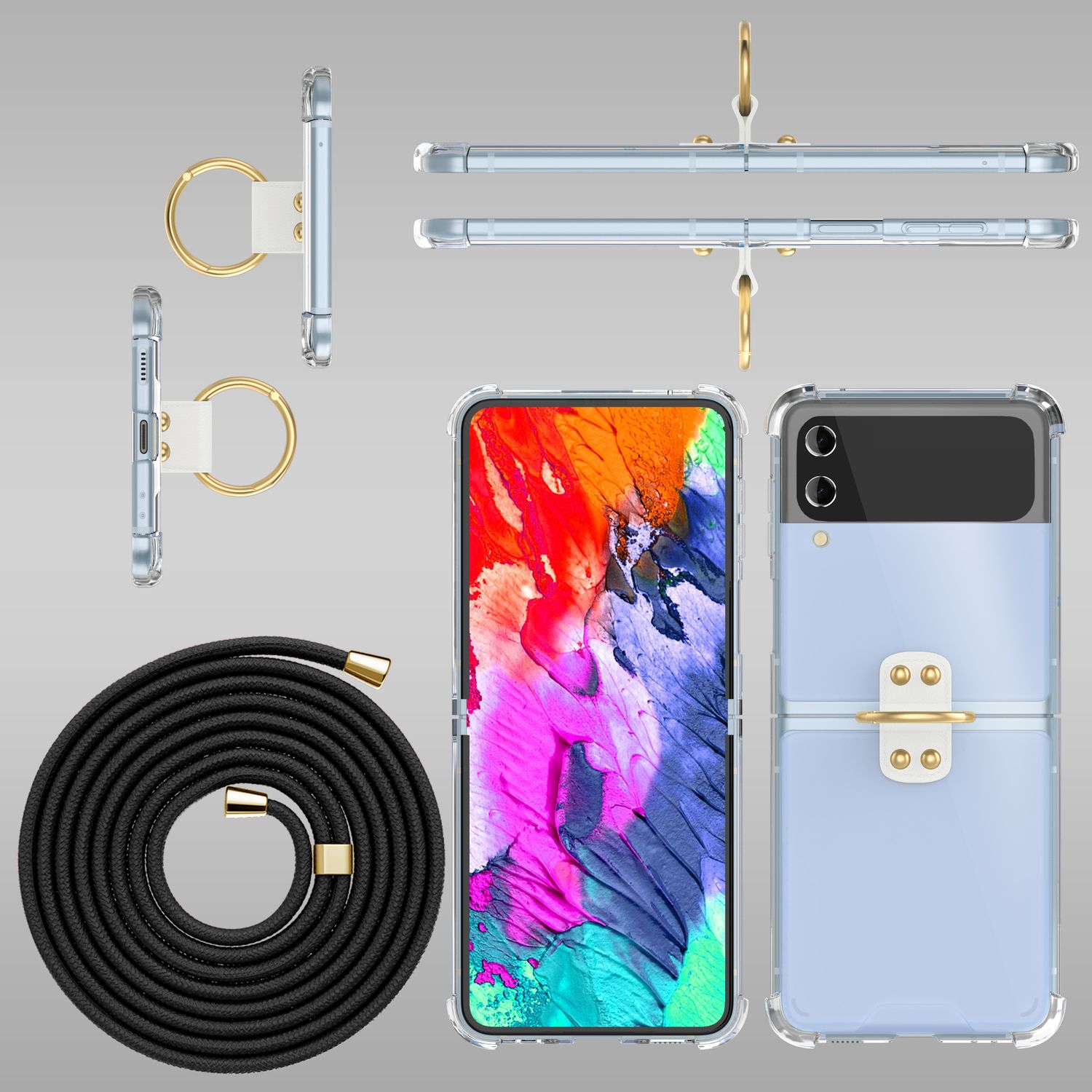Umhänge Hülle für Samsung Galaxy Z Flip4 Klare Schutzhülle mit Band Schnur Ring Schwarz NALIA