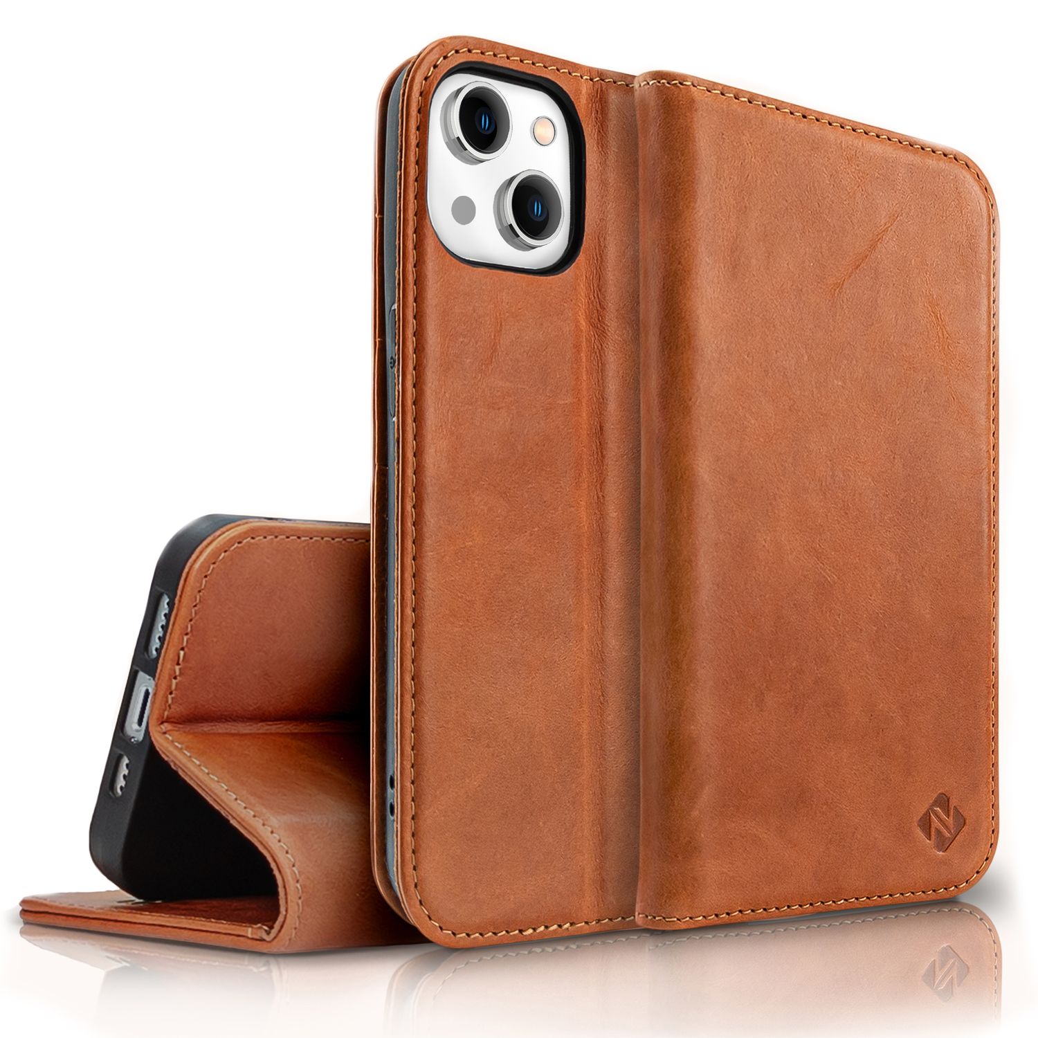 Echt Leder Hülle für iPhone 14, RFID Schutz Flipcase Klapphülle Etui Schutzhülle Braun NALIA Protective Hülle