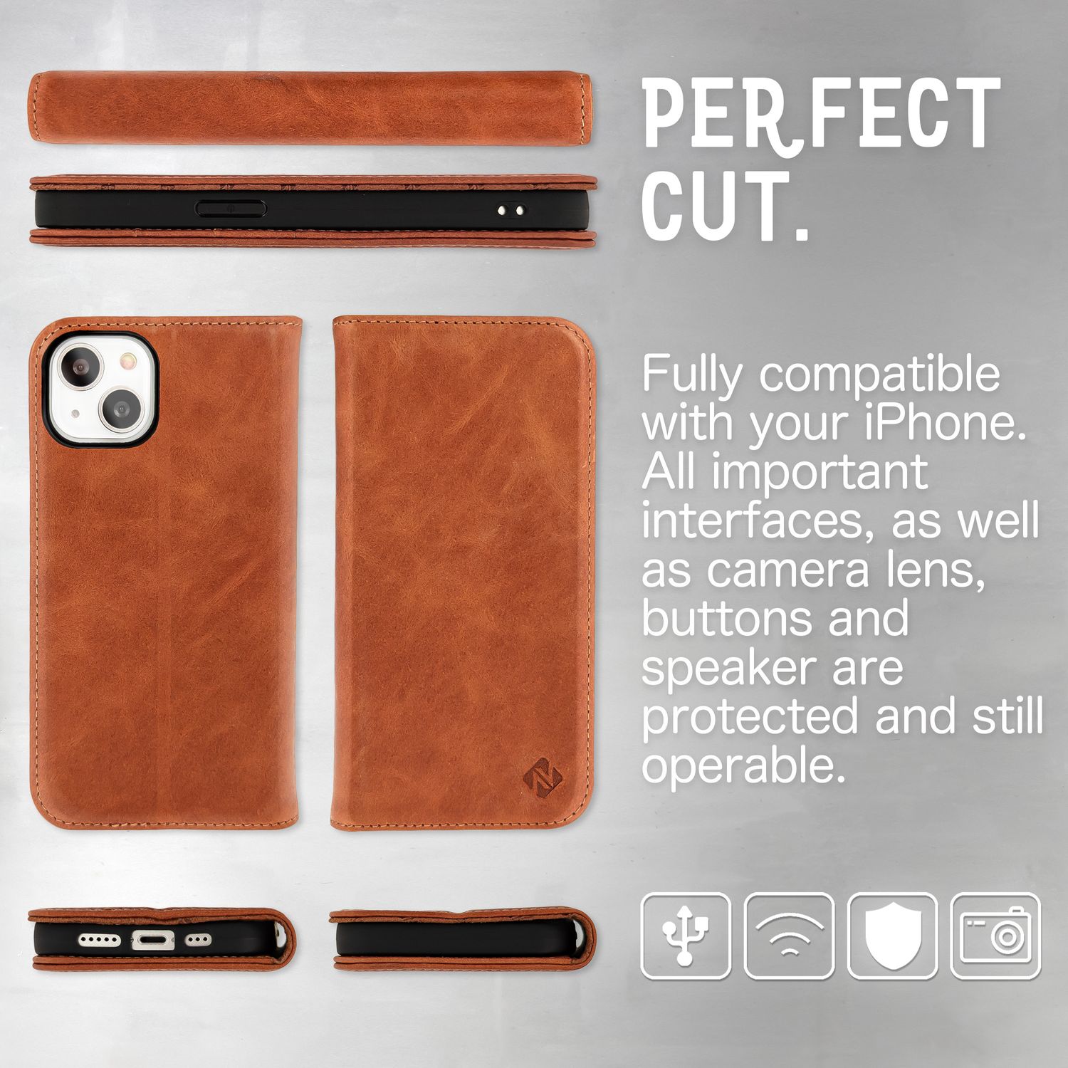 Echt Leder Hülle für iPhone 14, RFID Schutz Flipcase Klapphülle Etui Schutzhülle Braun NALIA Protective Hülle