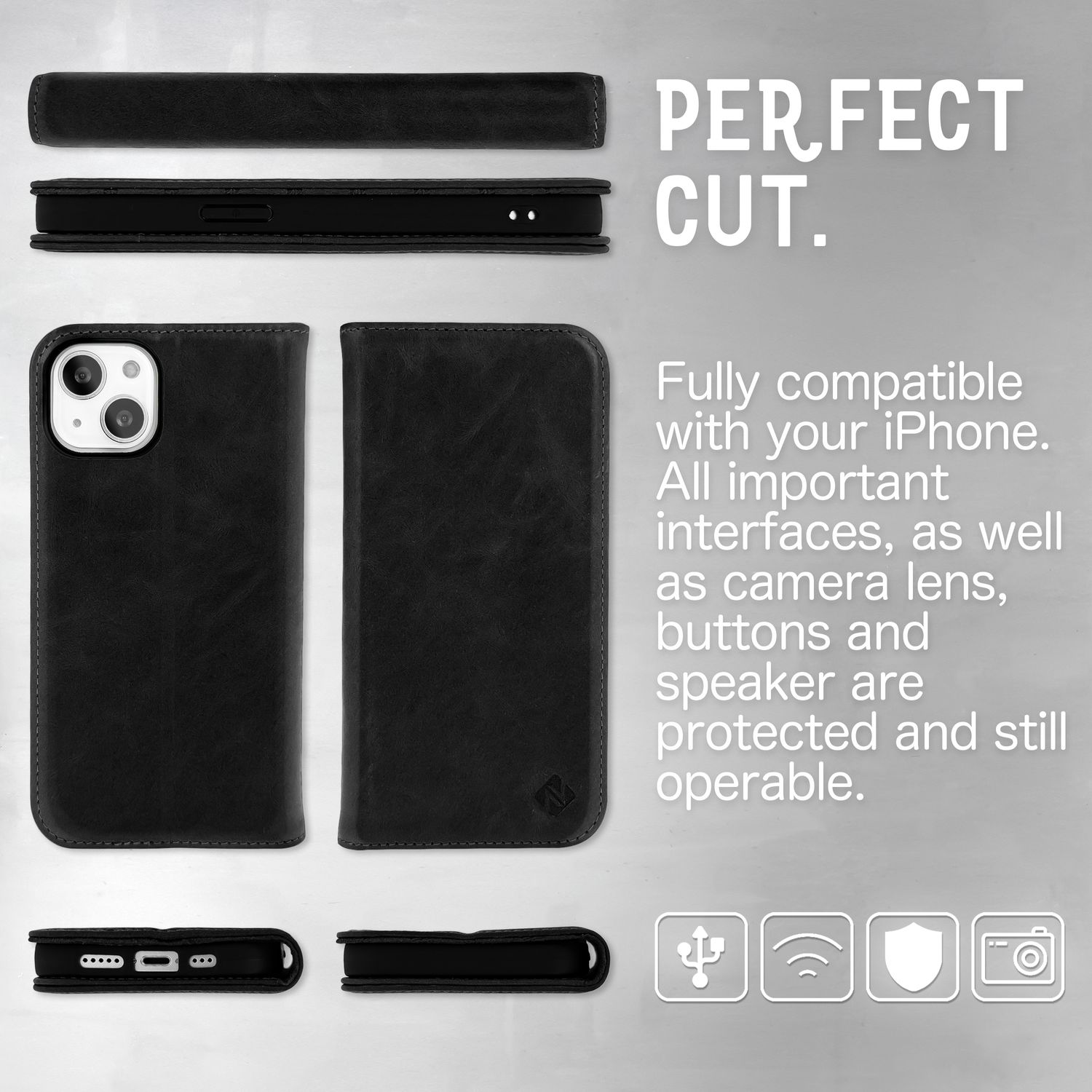 Echt Leder Hülle für iPhone 14, RFID Schutz Flipcase Klapphülle Etui Schutzhülle Schwarz NALIA Protective Hülle