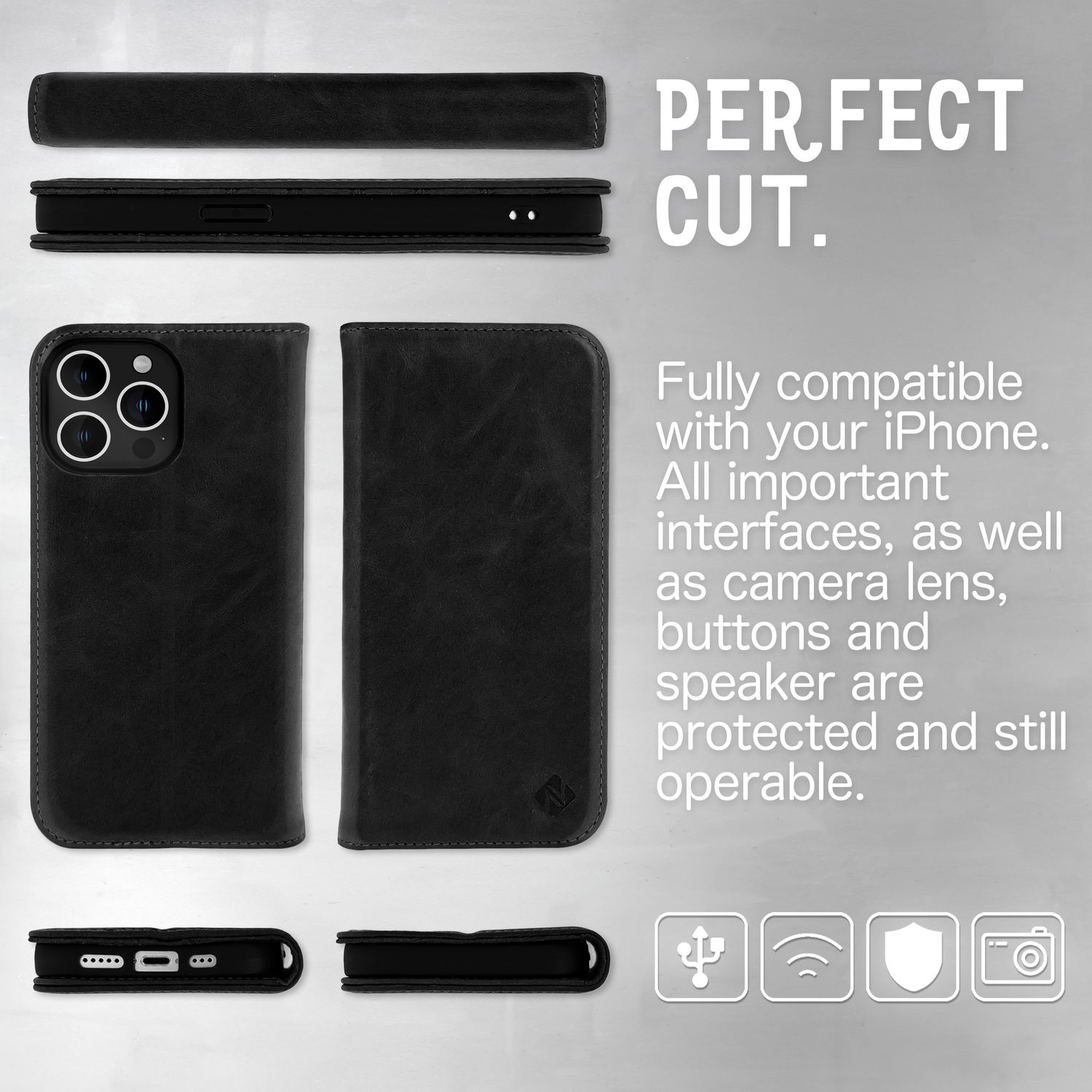 Echt Leder Hülle für iPhone 14 Pro Max, RFID Schutz Flipcase Handy Schutzhülle Schwarz NALIA Protective Hülle