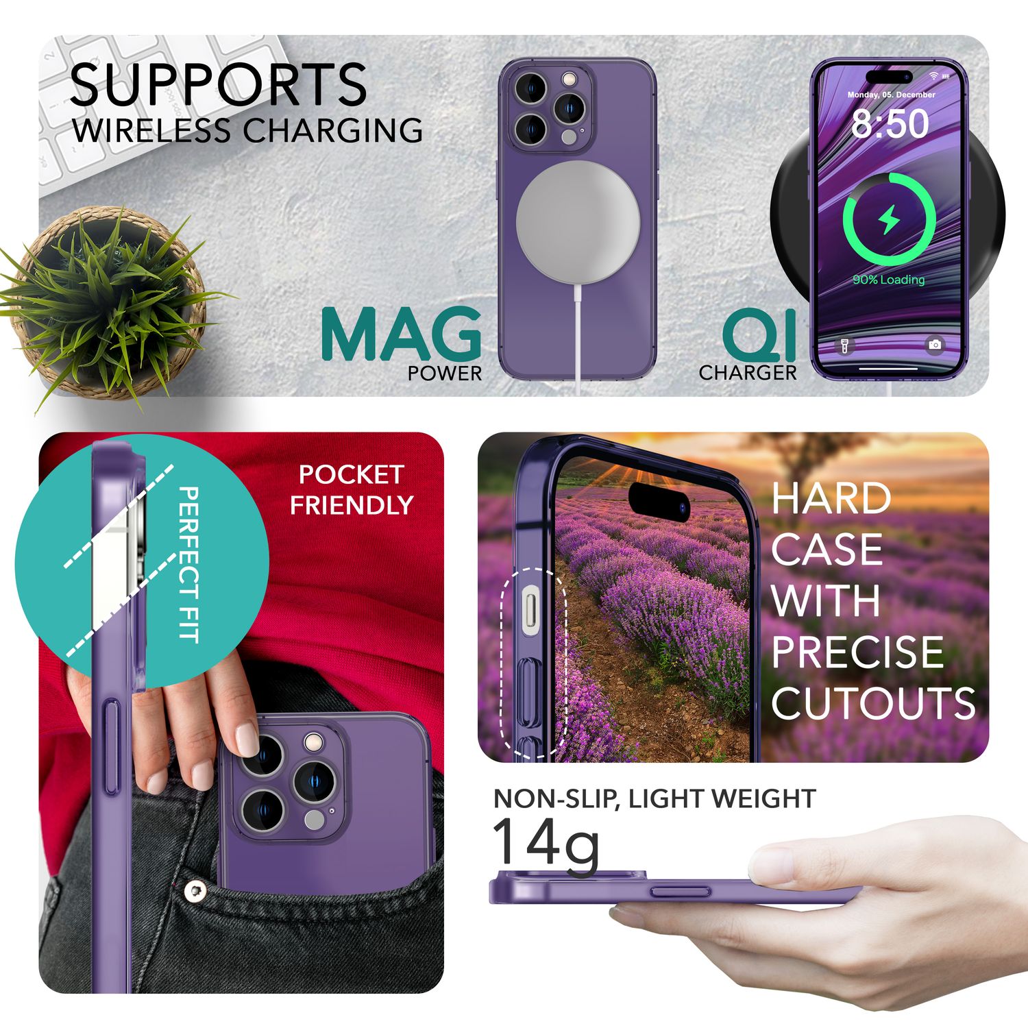 Ultra Dünne Hülle für iPhone 14 Pro, Slim 0,3mm Durchsichtig Schutz Handyhülle Lila NALIA SlimFit Hülle