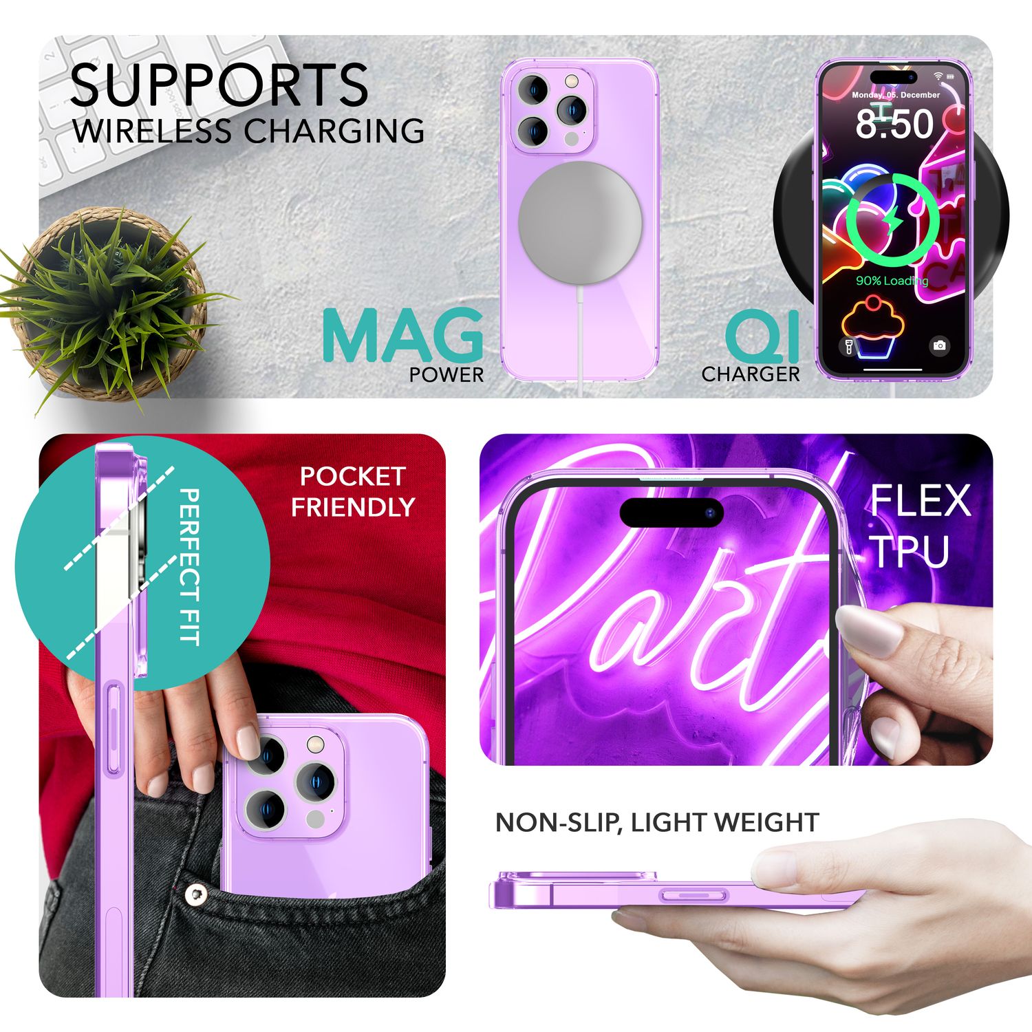 Neon Hülle für iPhone 14 Pro, Durchscheinend Bunt Handyhülle Cover Schutzhülle Lila NALIA Transparente Hülle
