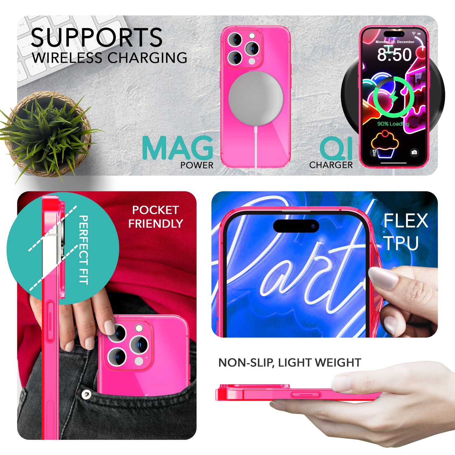Neon Hülle für iPhone 14 Pro, Durchscheinend Bunt Handyhülle Cover Schutzhülle Pink NALIA Transparente Hülle
