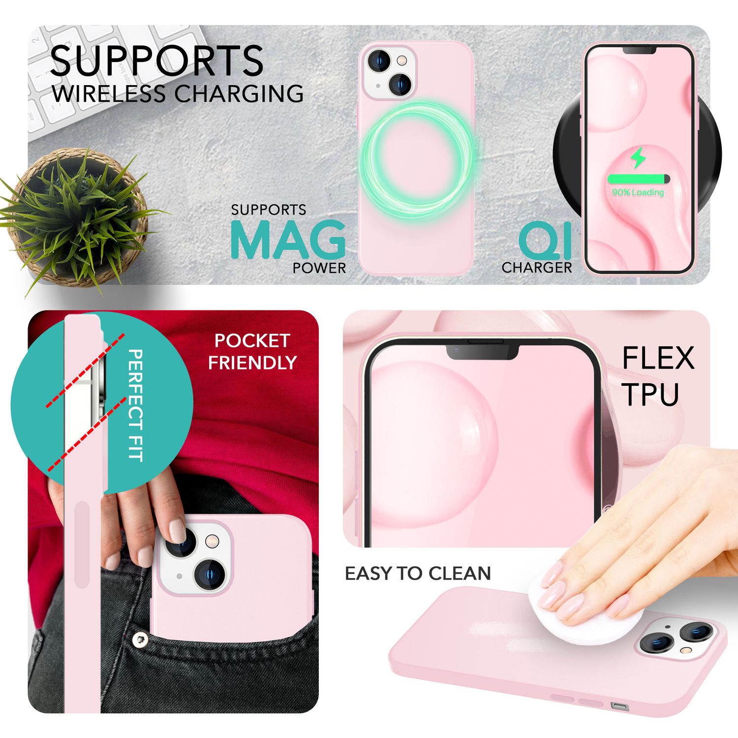 MagSafe Hülle mit 2x Schutz Glas für iPhone 14, Easy Clean Silikon Handy Cover Pink NALIA Protective Hülle