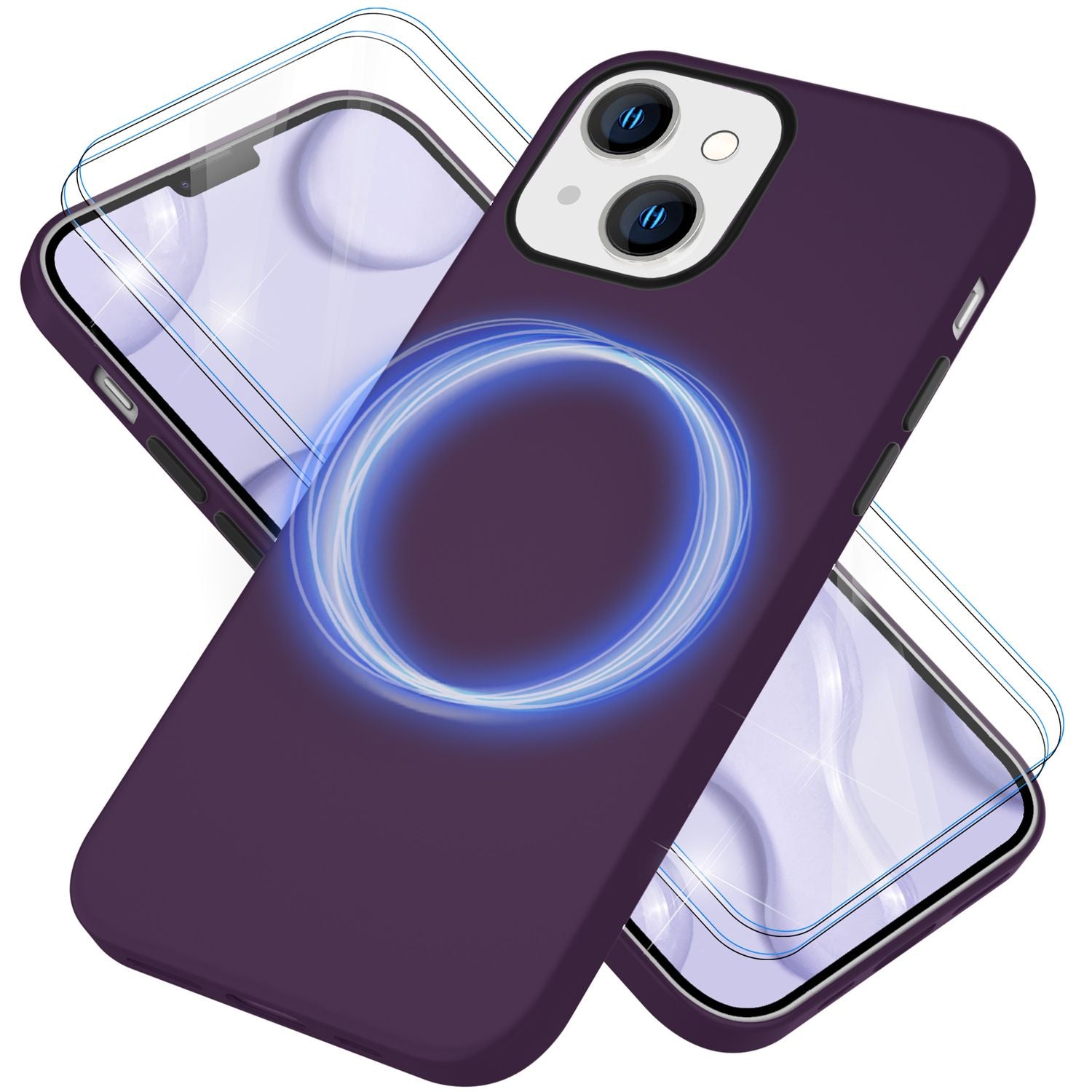 MagSafe Hülle mit 2x Schutz Glas für iPhone 14, Easy Clean Silikon Handy Cover Burgunder NALIA Protective Hülle