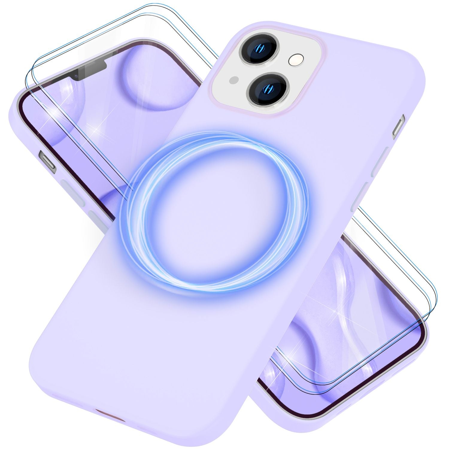 MagSafe Hülle mit 2x Schutz Glas für iPhone 14, Easy Clean Silikon Handy Cover Lila NALIA Protective Hülle