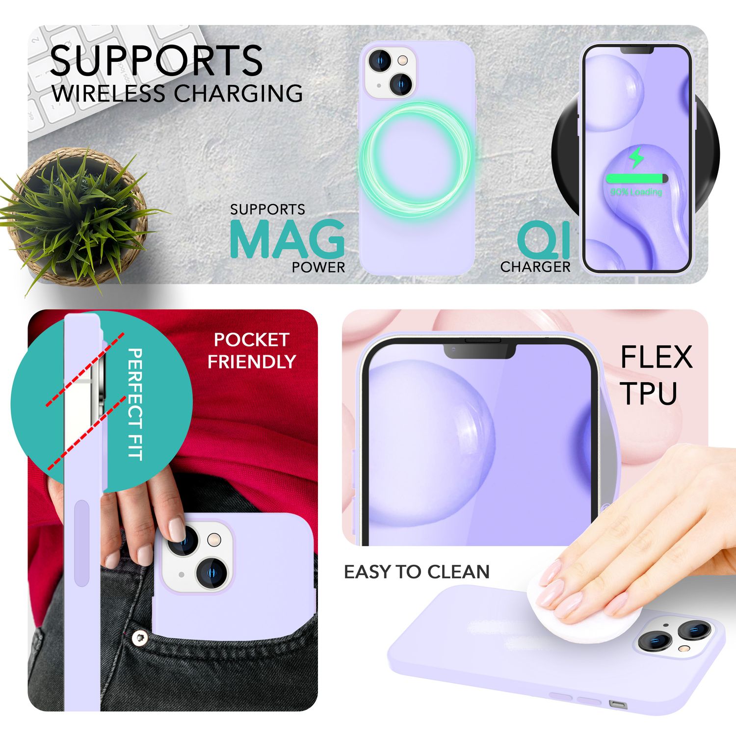 MagSafe Hülle mit 2x Schutz Glas für iPhone 14, Easy Clean Silikon Handy Cover Lila NALIA Protective Hülle