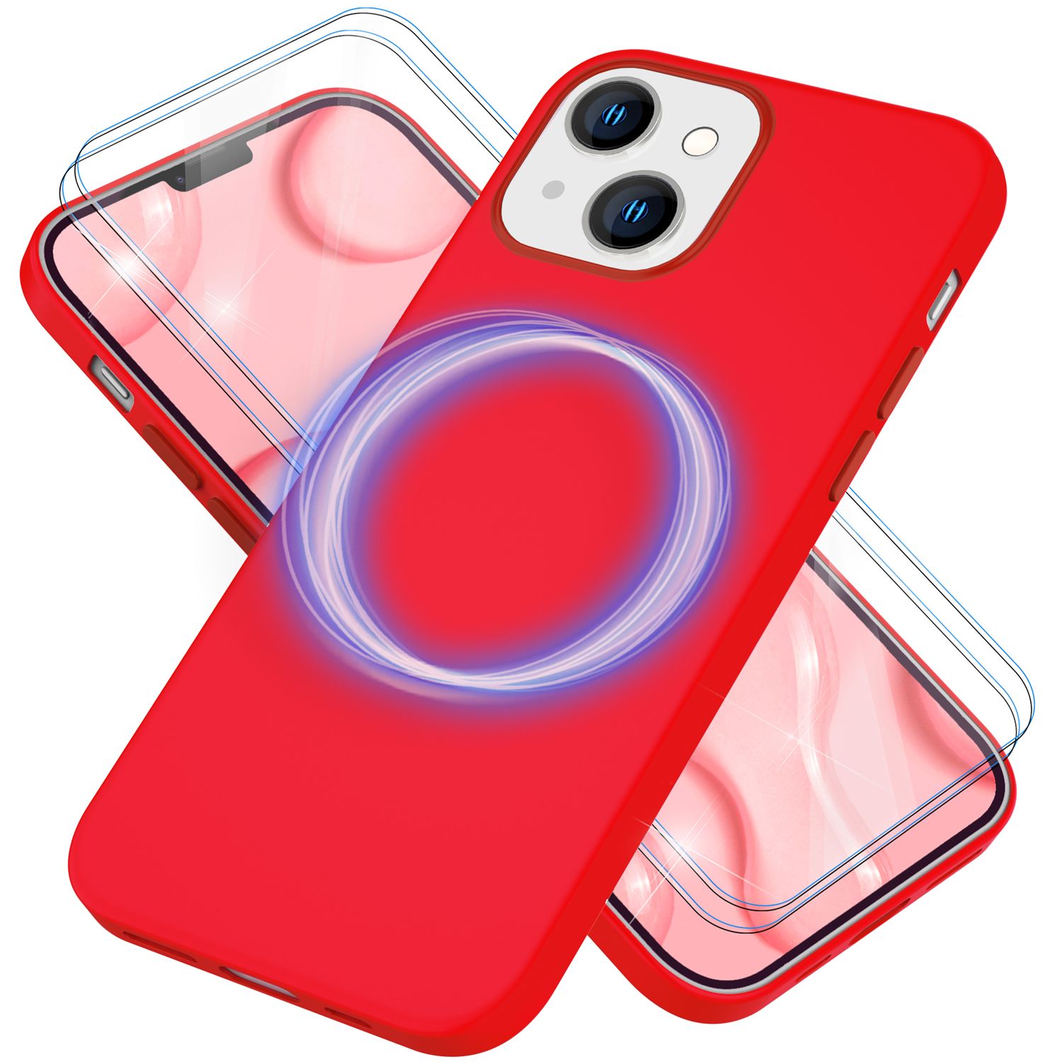 MagSafe Hülle mit 2x Schutz Glas für iPhone 14, Easy Clean Silikon Handy Cover Rot NALIA Protective Hülle