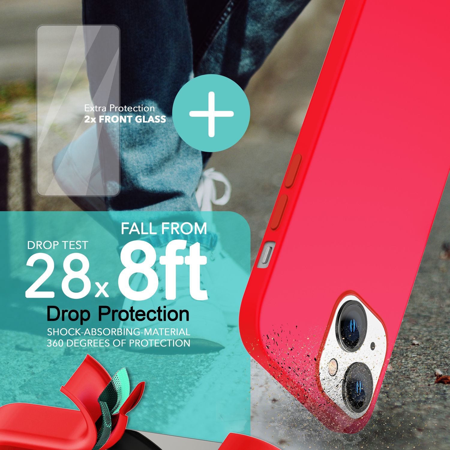 MagSafe Hülle mit 2x Schutz Glas für iPhone 14, Easy Clean Silikon Handy Cover Rot NALIA Protective Hülle