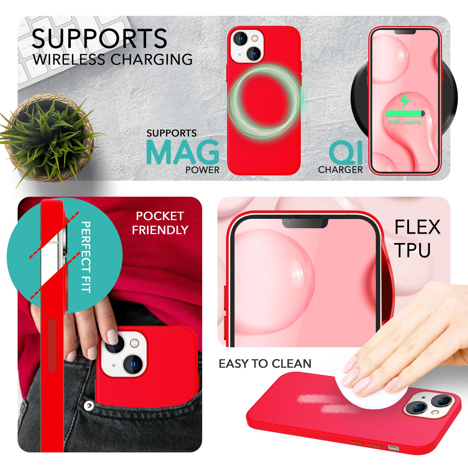 MagSafe Hülle mit 2x Schutz Glas für iPhone 14, Easy Clean Silikon Handy Cover Rot NALIA Protective Hülle