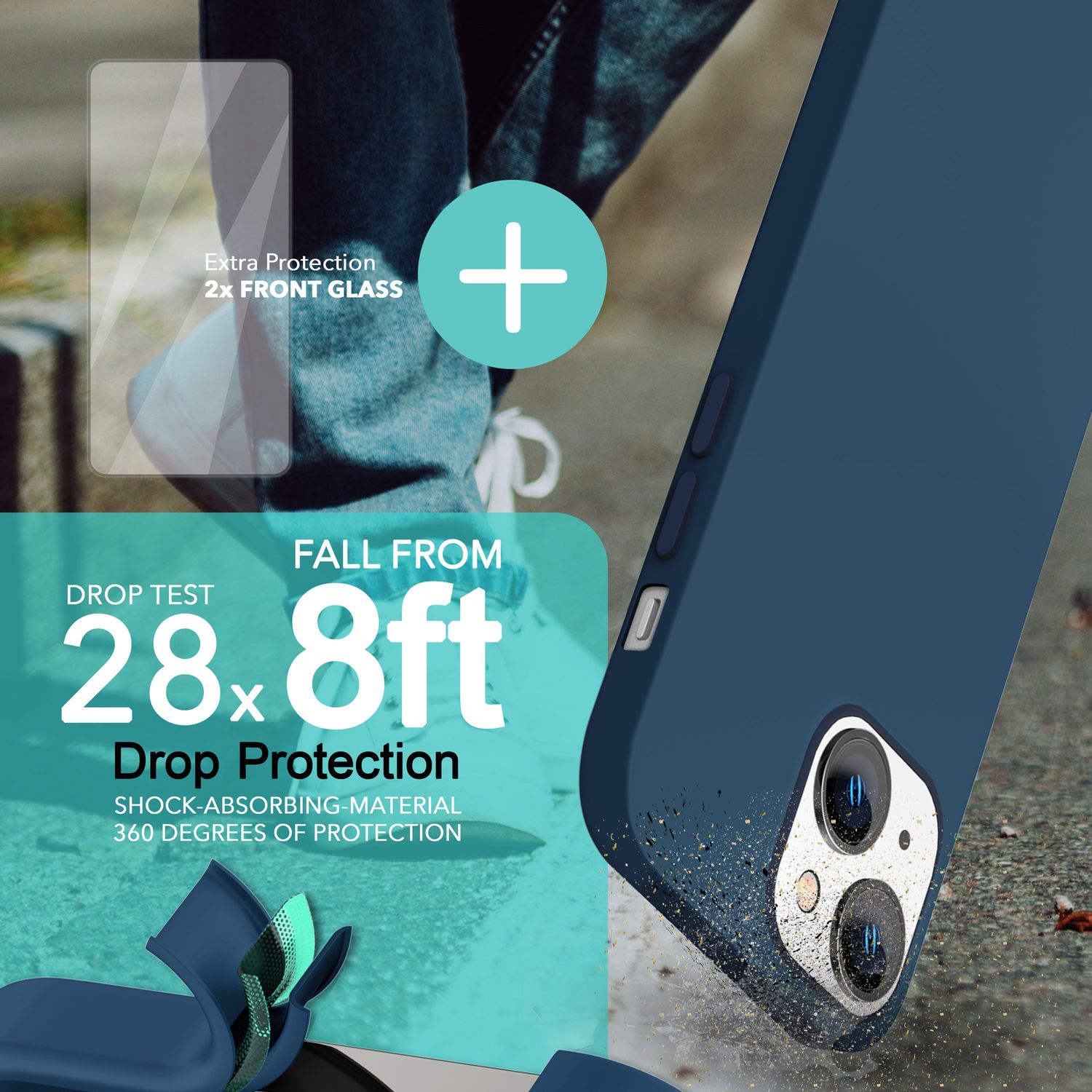 MagSafe Hülle mit 2x Schutz Glas für iPhone 14, Easy Clean Silikon Handy Cover Blau NALIA Protective Hülle