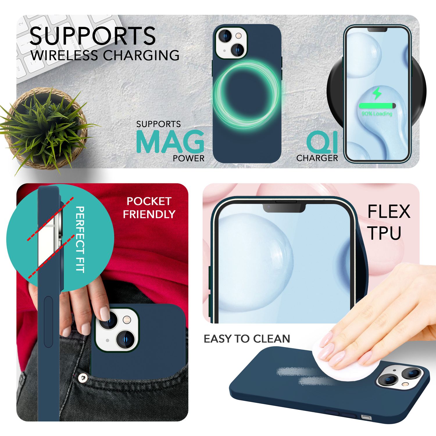MagSafe Hülle mit 2x Schutz Glas für iPhone 14, Easy Clean Silikon Handy Cover Blau NALIA Protective Hülle