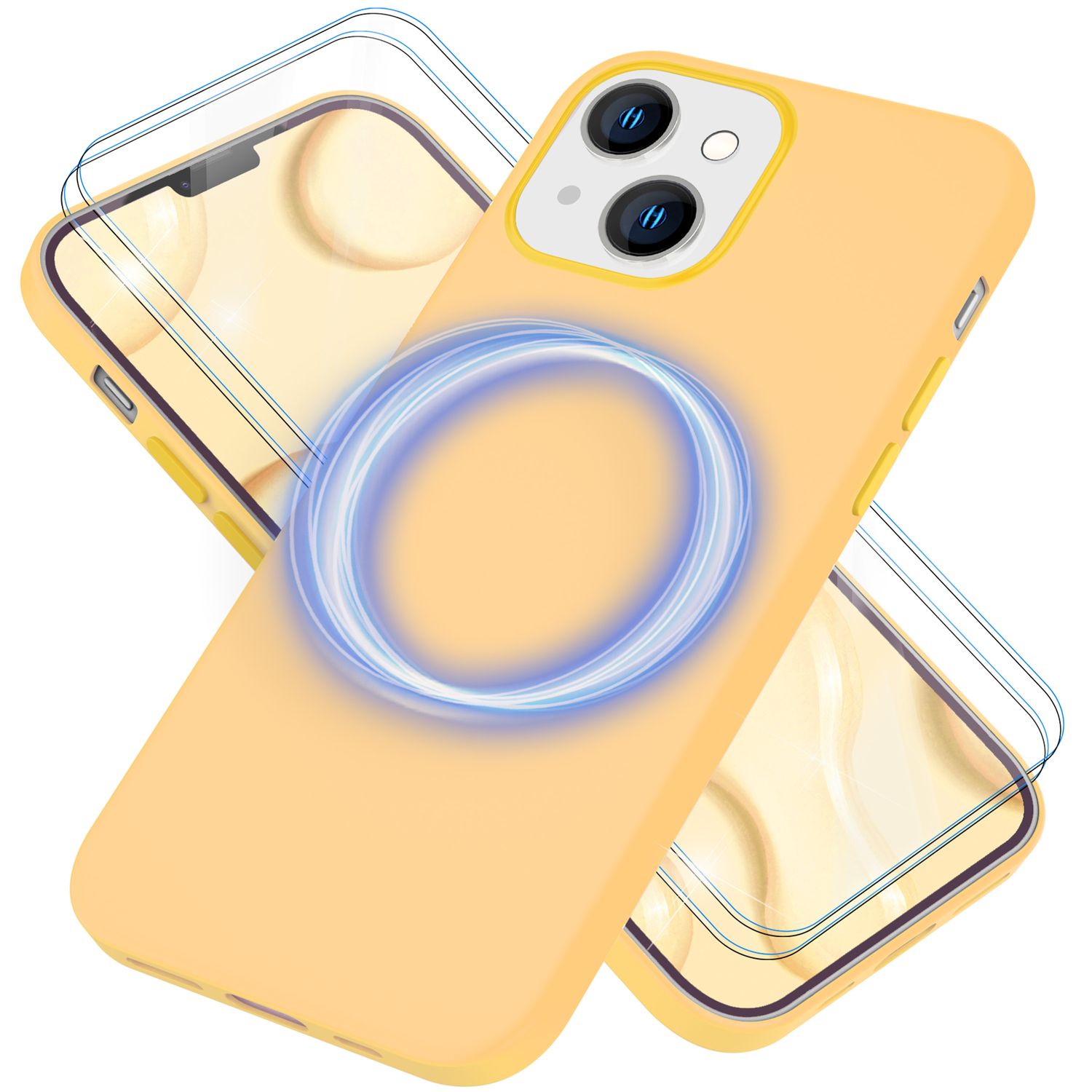 MagSafe Hülle mit 2x Schutz Glas für iPhone 14, Easy Clean Silikon Handy Cover Gelb NALIA Protective Hülle