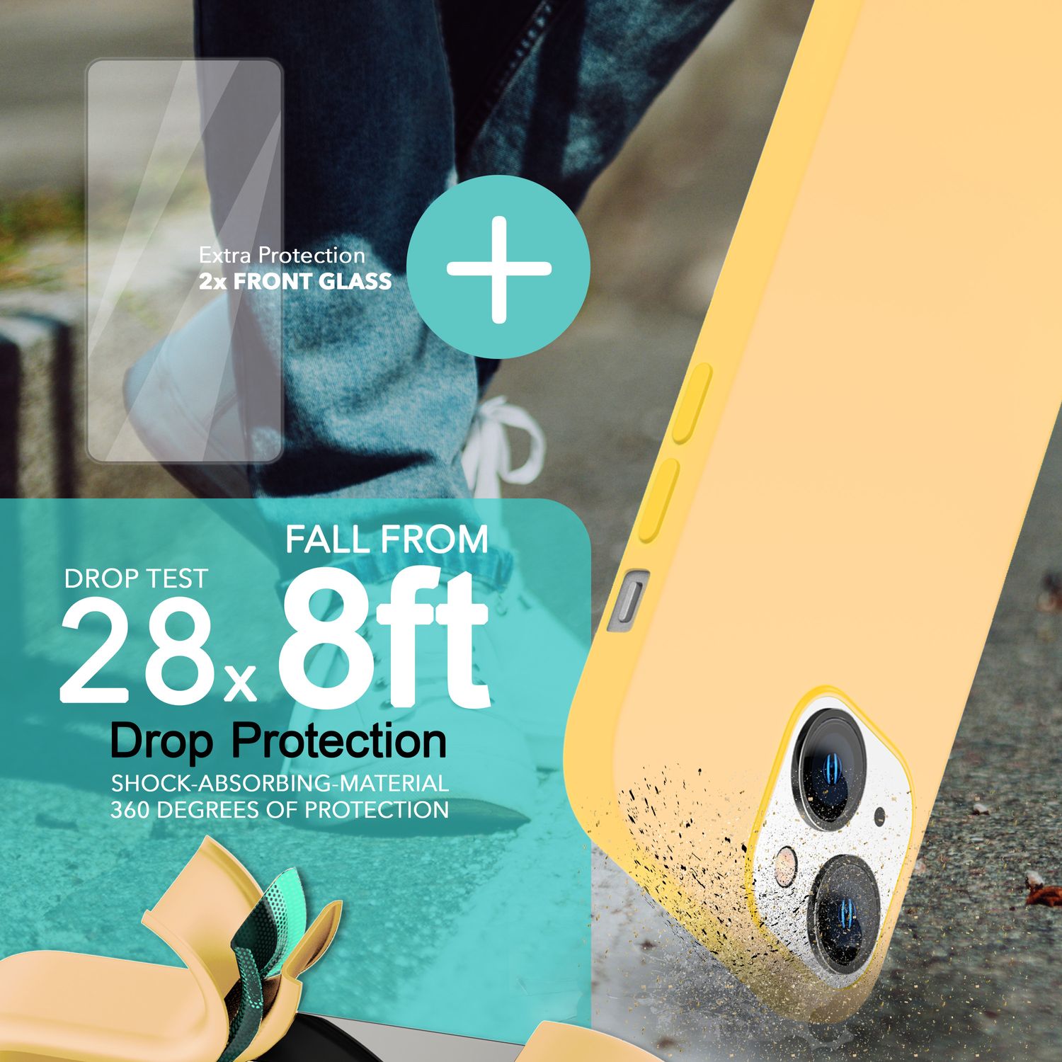 MagSafe Hülle mit 2x Schutz Glas für iPhone 14, Easy Clean Silikon Handy Cover Gelb NALIA Protective Hülle