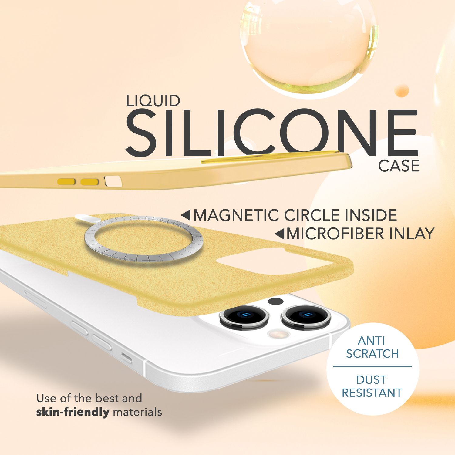 MagSafe Hülle mit 2x Schutz Glas für iPhone 14, Easy Clean Silikon Handy Cover Gelb NALIA Protective Hülle