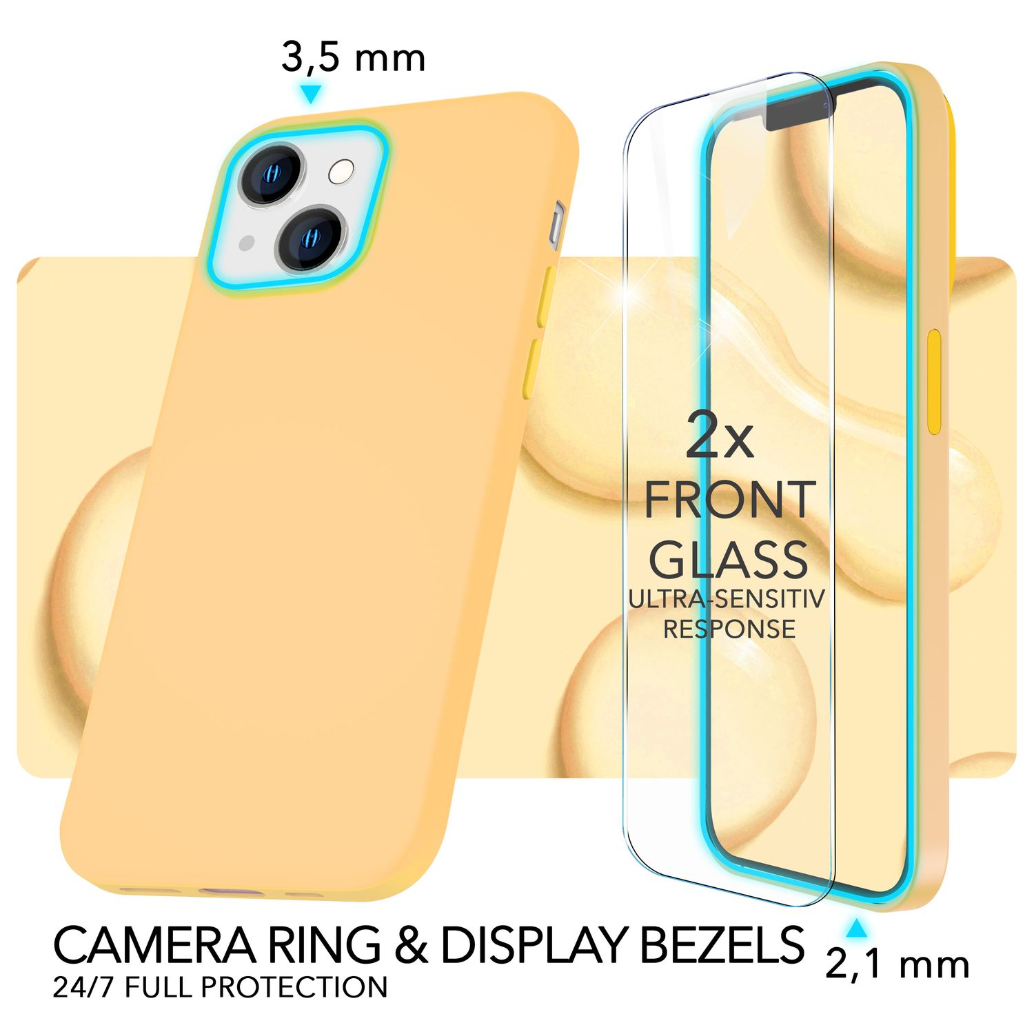 MagSafe Hülle mit 2x Schutz Glas für iPhone 14, Easy Clean Silikon Handy Cover Gelb NALIA Protective Hülle