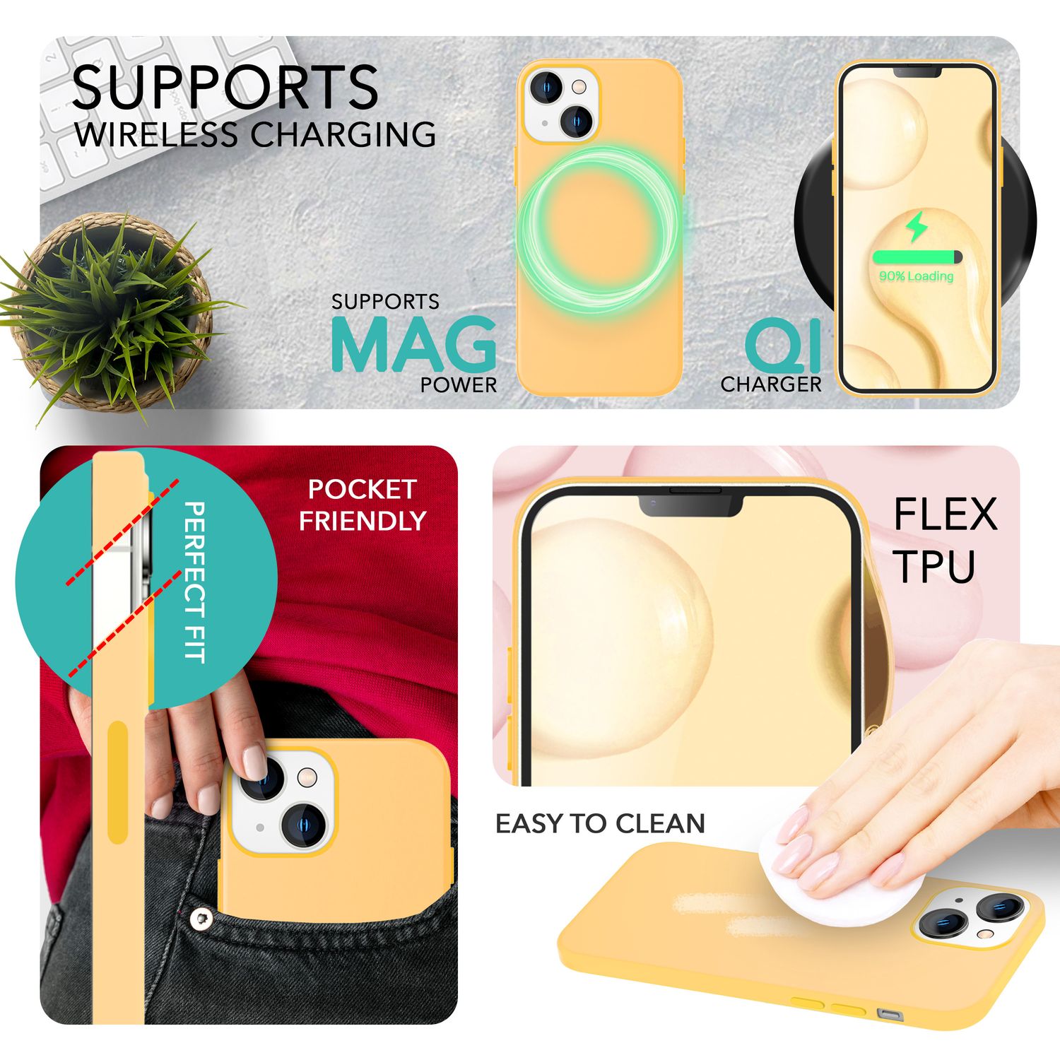 MagSafe Hülle mit 2x Schutz Glas für iPhone 14, Easy Clean Silikon Handy Cover Gelb NALIA Protective Hülle