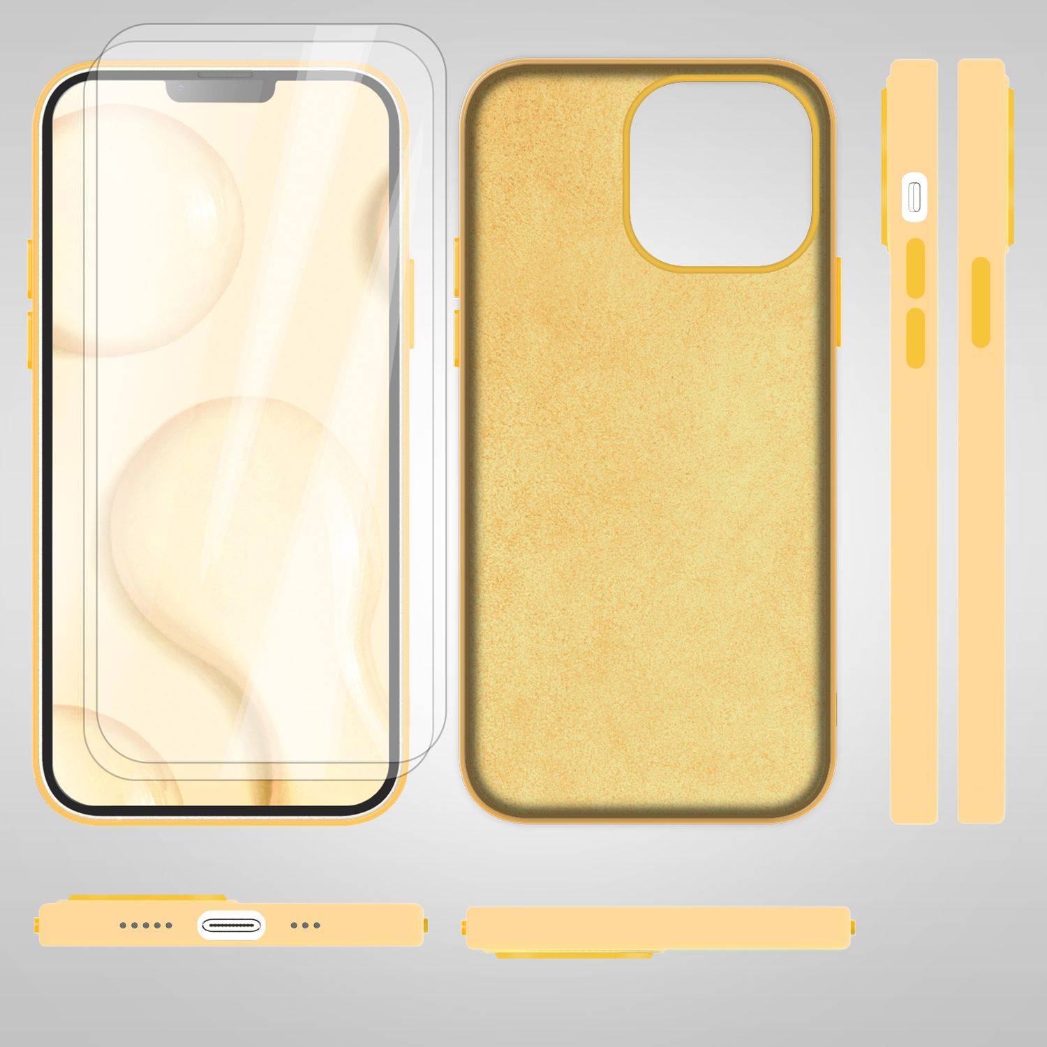 MagSafe Hülle mit 2x Schutz Glas für iPhone 14, Easy Clean Silikon Handy Cover Gelb NALIA Protective Hülle