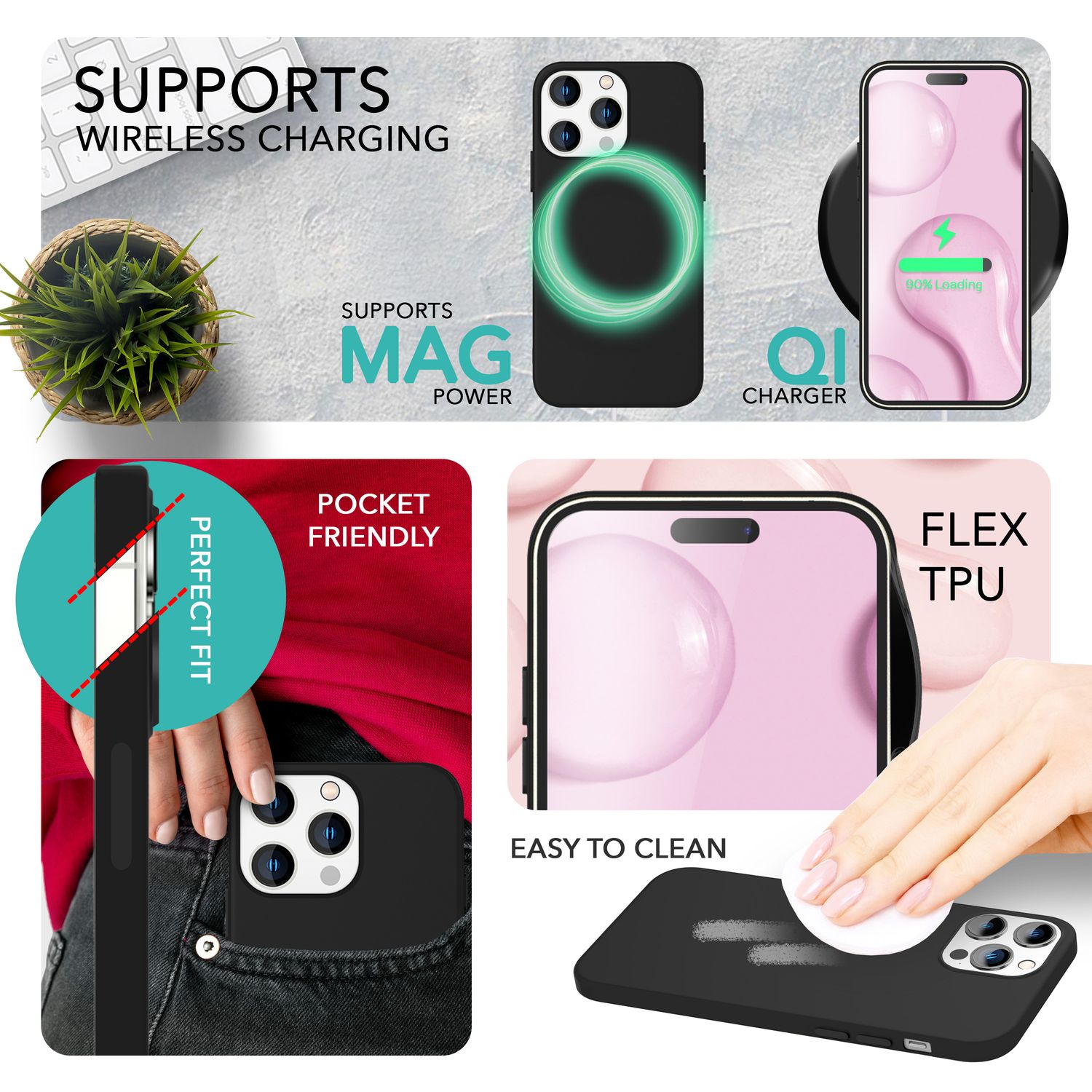 MagSafe Hülle mit 2x Schutz Glas für iPhone 14 Pro, Easy Clean Silikon Cover Schwarz NALIA Protective Hülle