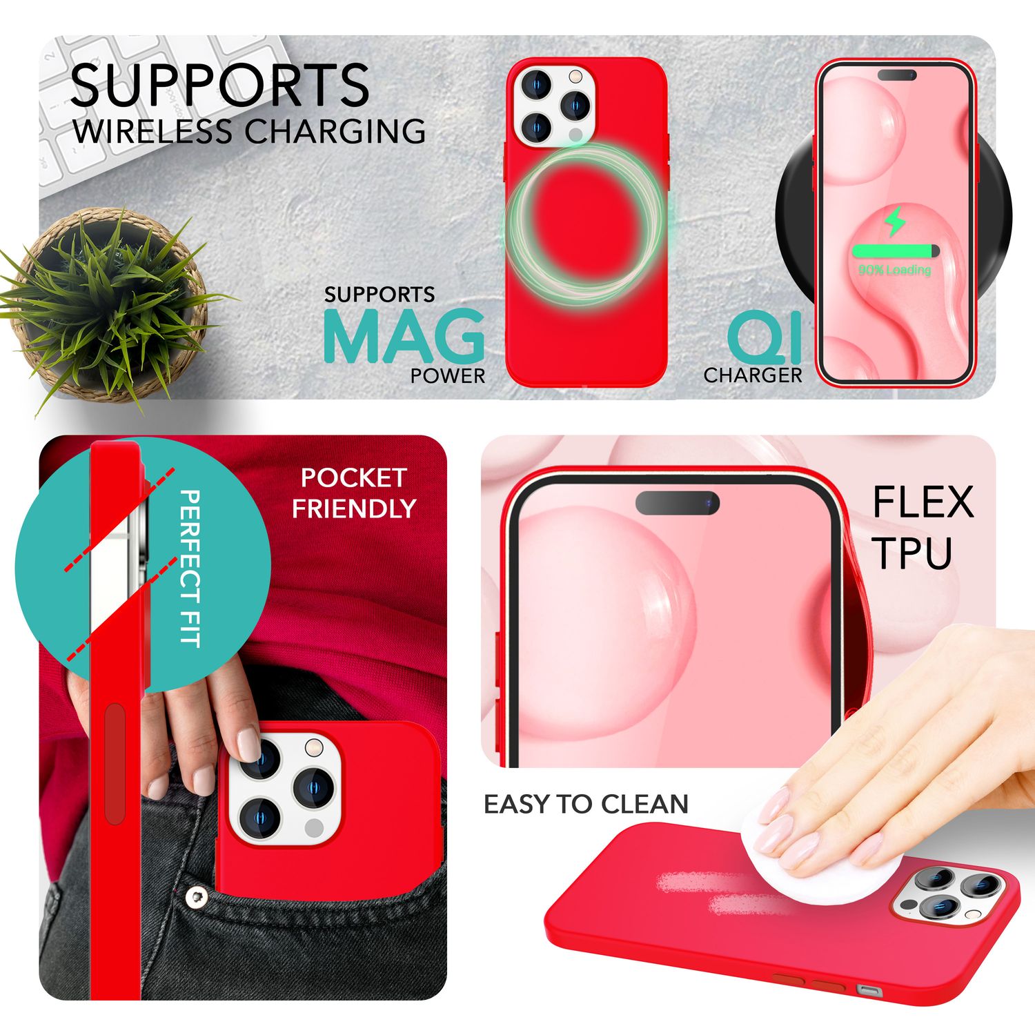 MagSafe Hülle mit 2x Schutz Glas für iPhone 14 Pro, Easy Clean Silikon Cover Rot NALIA Protective Hülle
