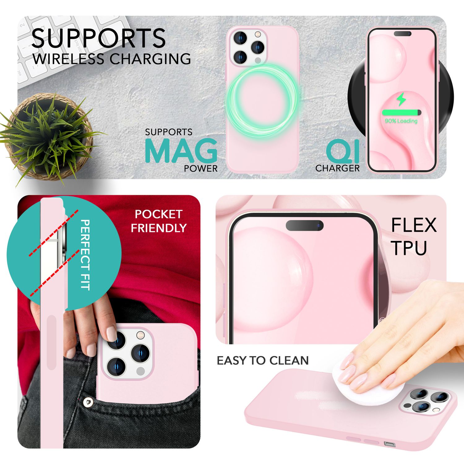 MagSafe Hülle mit 2x Schutz Glas für iPhone 14 Pro Max, Easy Clean Silikon Case Pink NALIA Protective Hülle