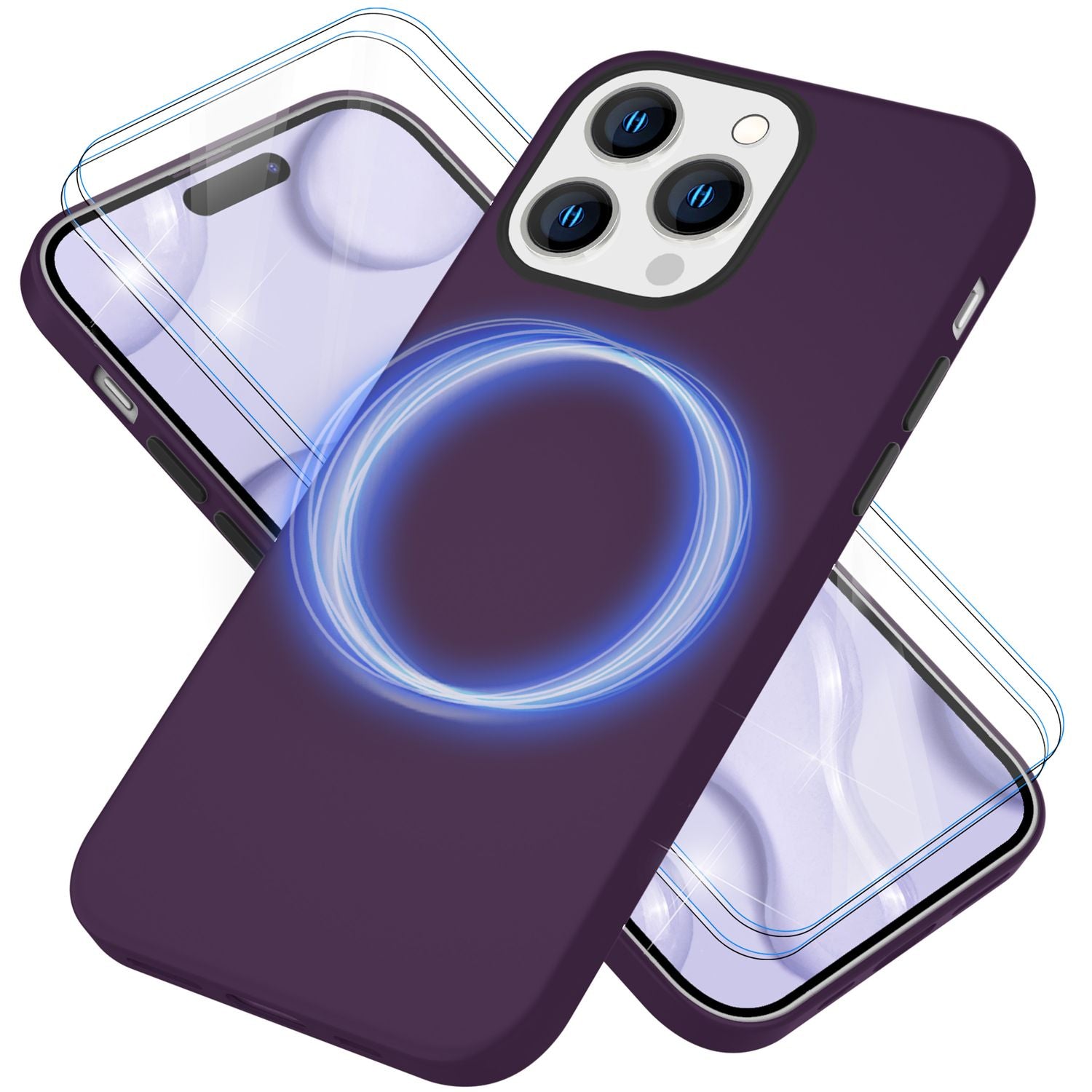 MagSafe Hülle mit 2x Schutz Glas für iPhone 14 Pro Max, Easy Clean Silikon Case Burgunder NALIA Protective Hülle