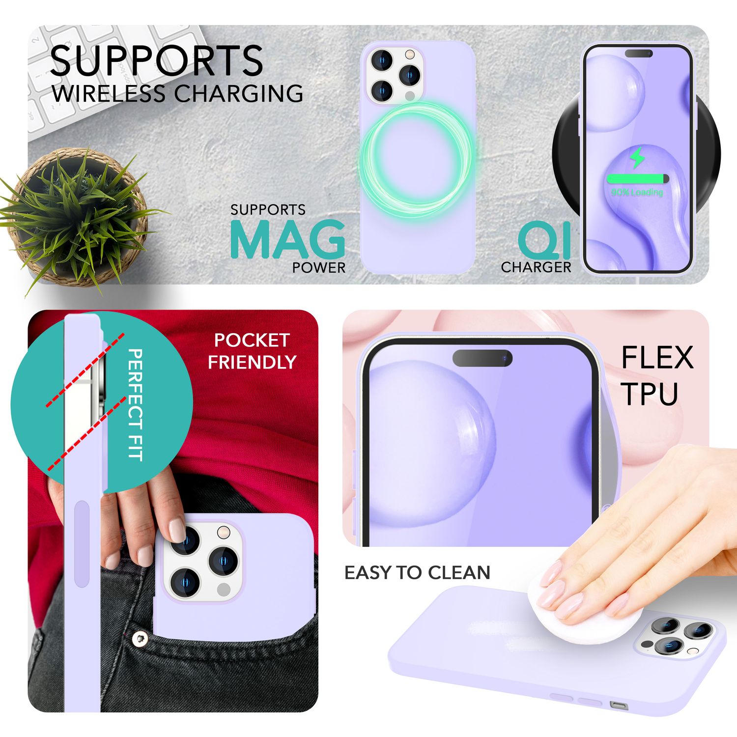 MagSafe Hülle mit 2x Schutz Glas für iPhone 14 Pro Max, Easy Clean Silikon Case Lila NALIA Protective Hülle