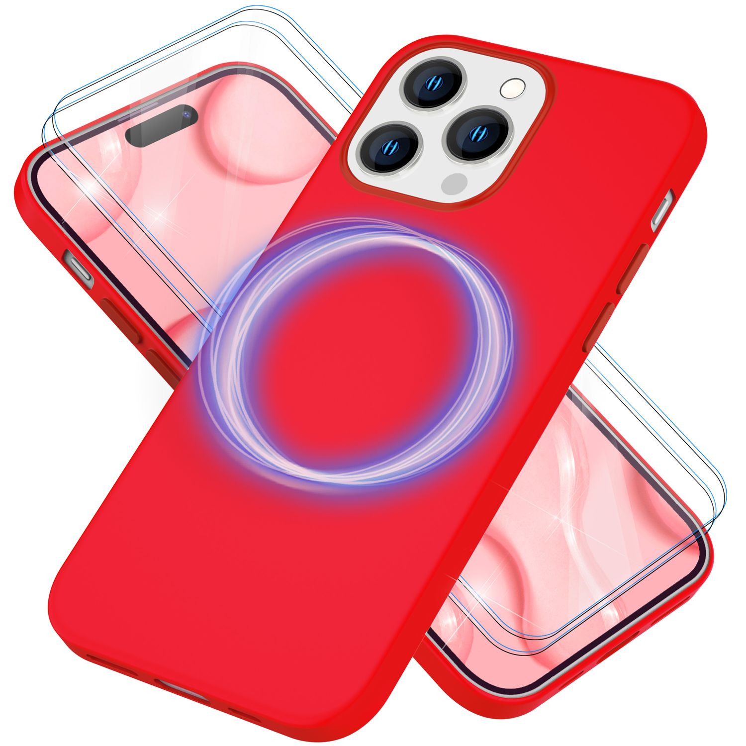 MagSafe Hülle mit 2x Schutz Glas für iPhone 14 Pro Max, Easy Clean Silikon Case Rot NALIA Protective Hülle