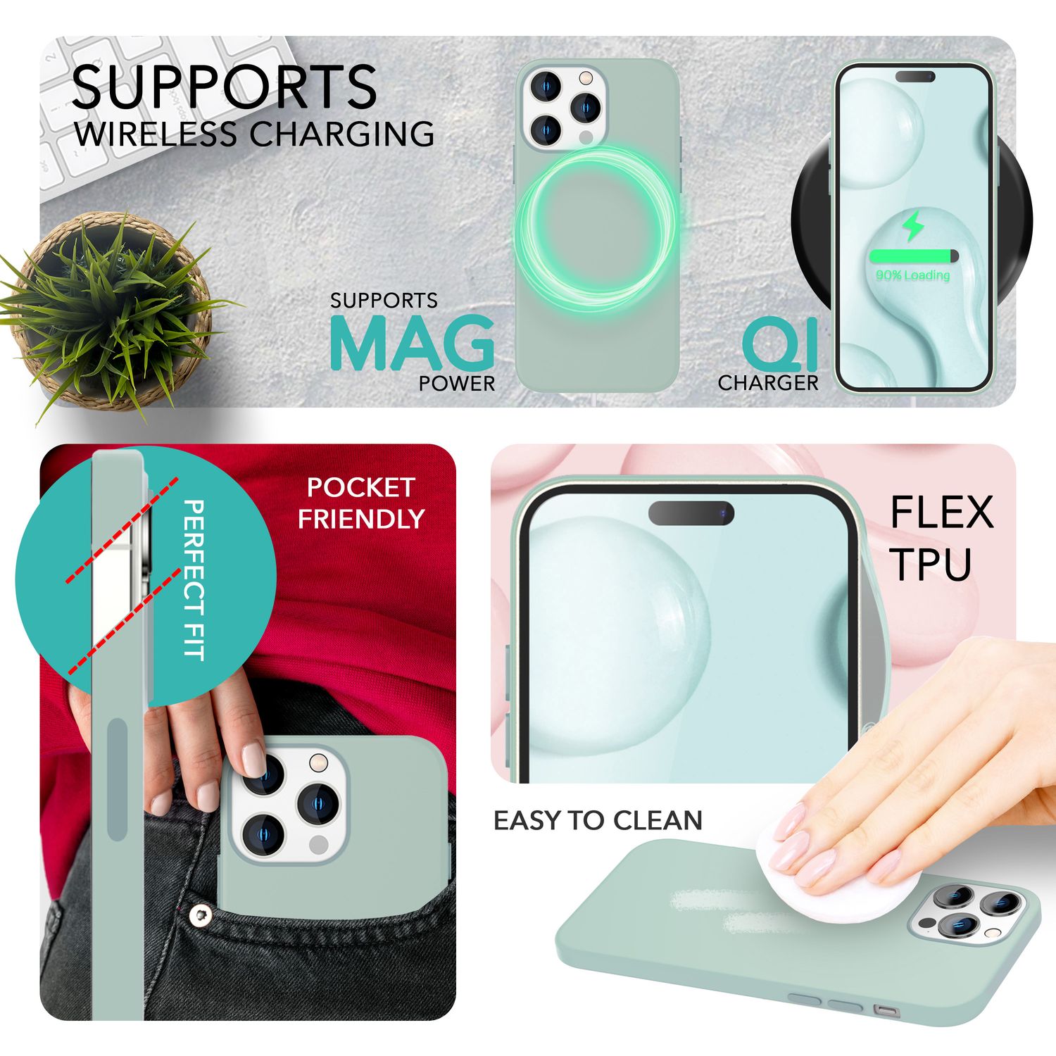 MagSafe Hülle mit 2x Schutz Glas für iPhone 14 Pro Max, Easy Clean Silikon Case Grün NALIA Protective Hülle