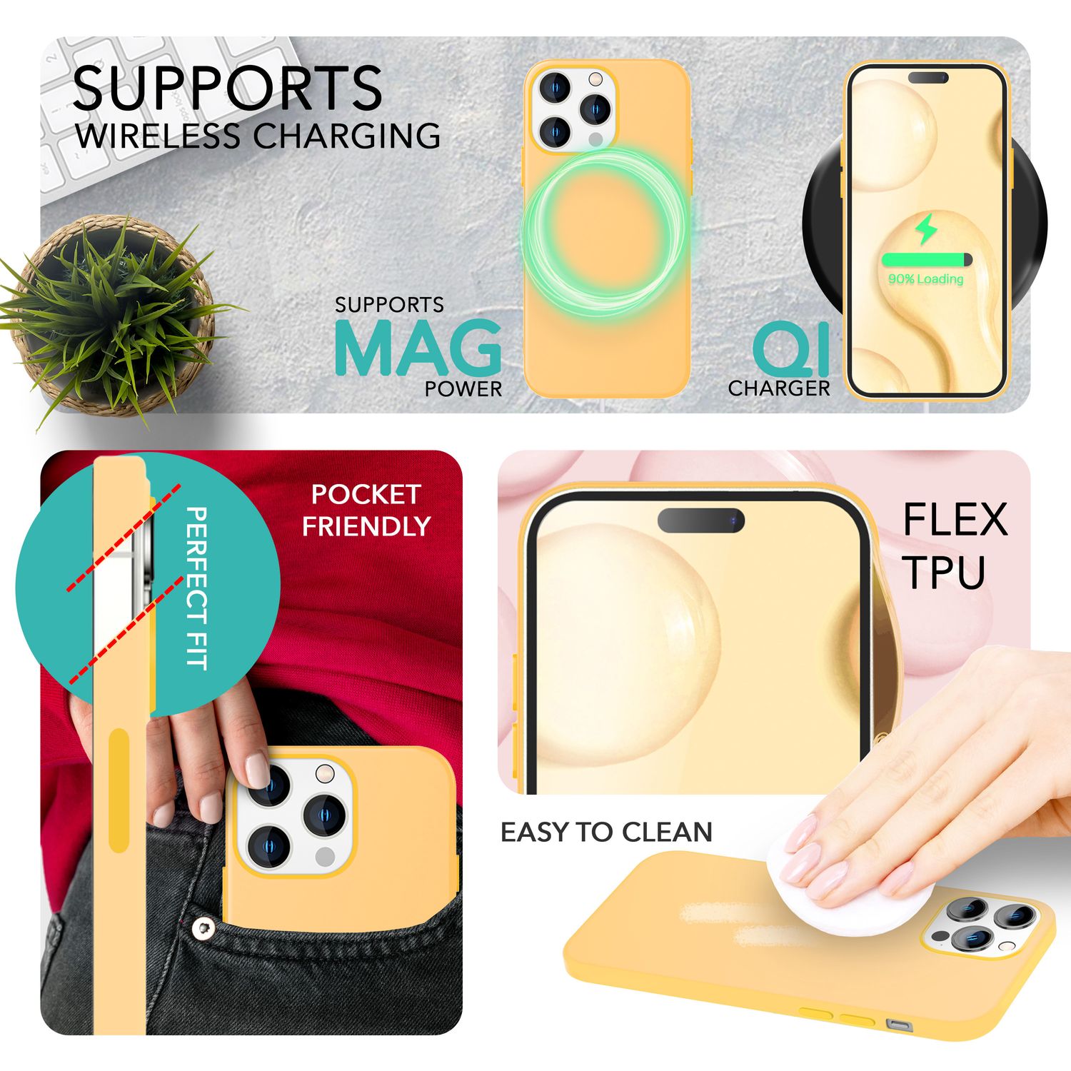 MagSafe Hülle mit 2x Schutz Glas für iPhone 14 Pro Max, Easy Clean Silikon Case Gelb NALIA Protective Hülle