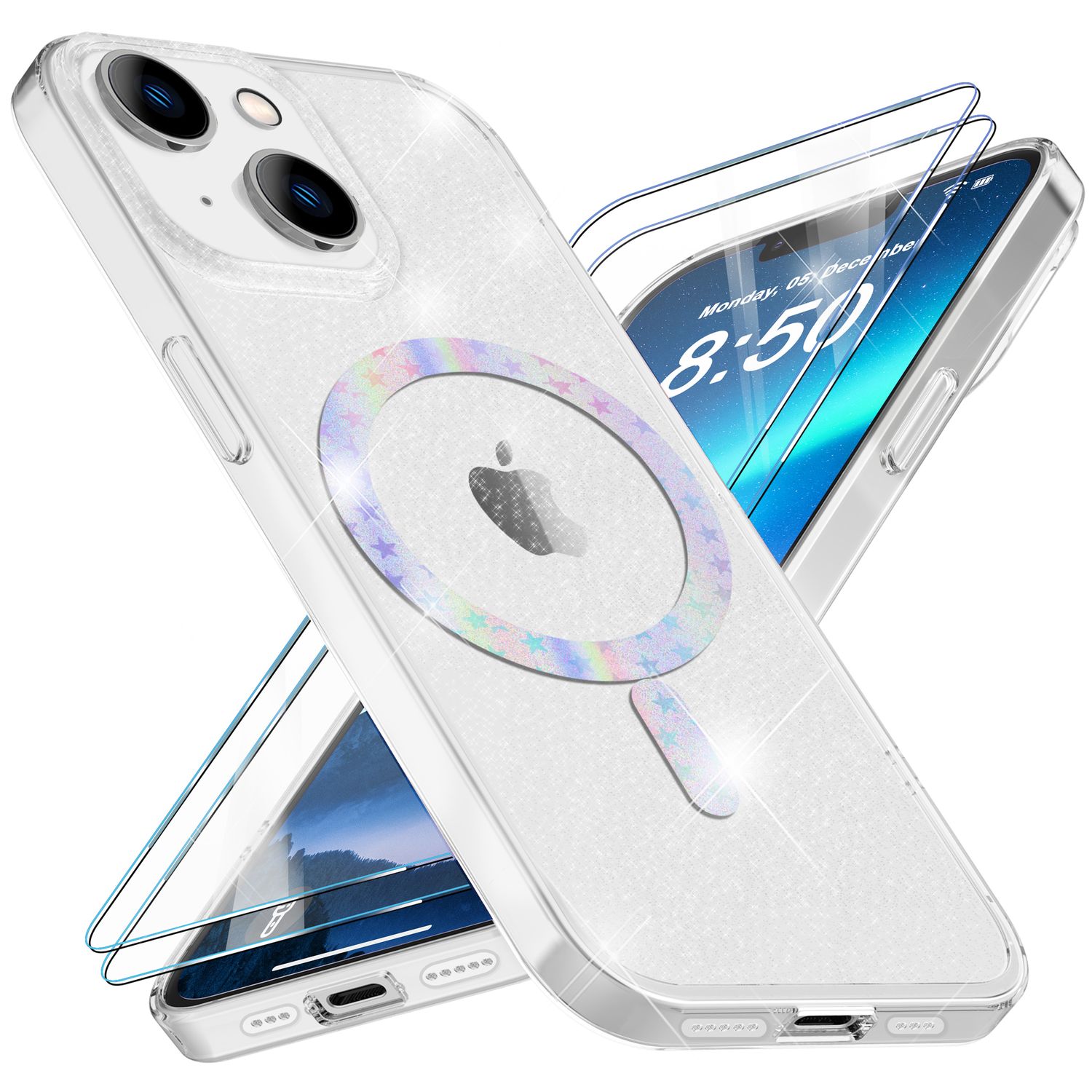 Glitzer-Hülle MagSafe und 2x Schutzglas für iPhone 14, Klar Display Folie Cover