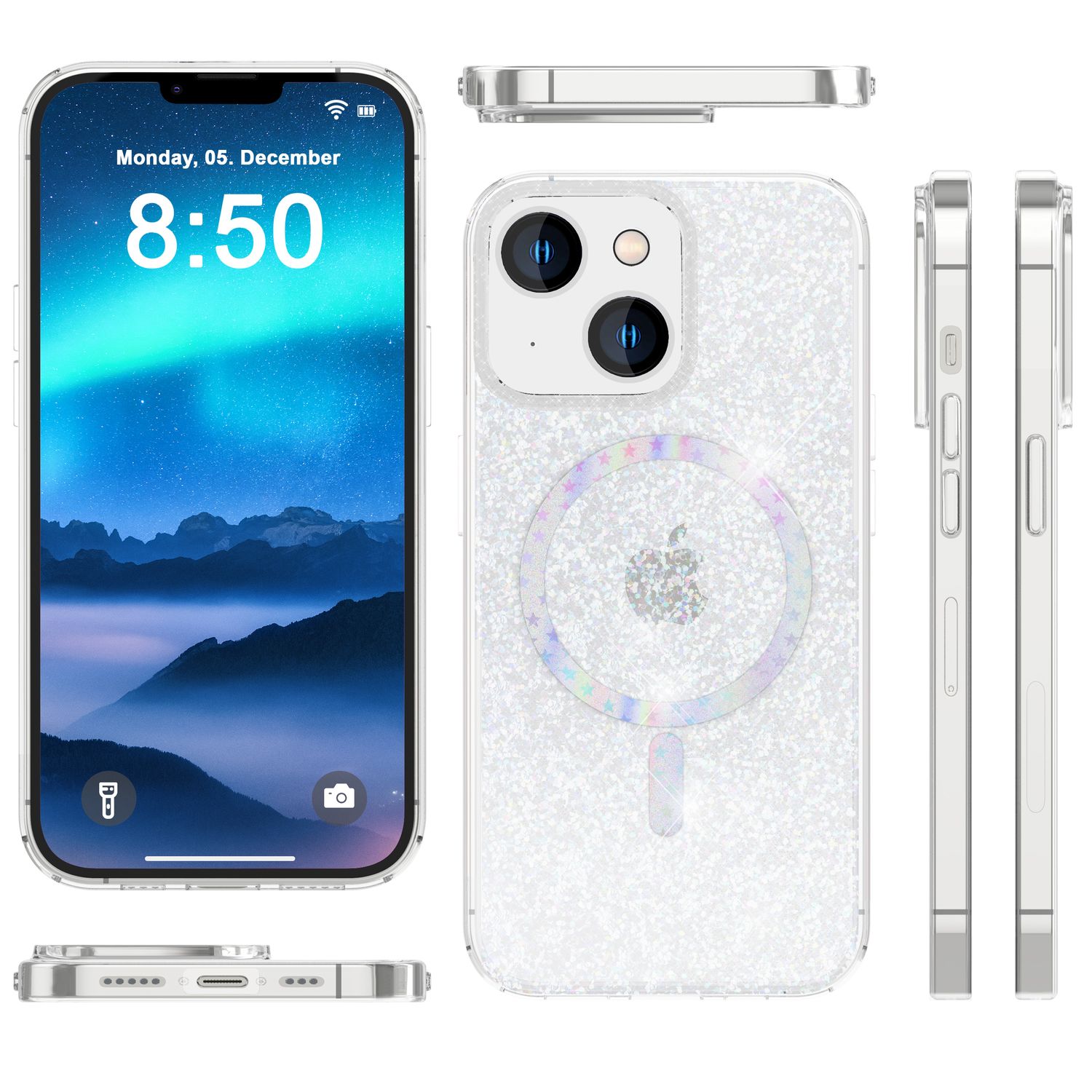 Glitzer-Hülle MagSafe und 2x Schutzglas für iPhone 14, Klar Display Folie Cover Default Title NALIA Transparente Hülle