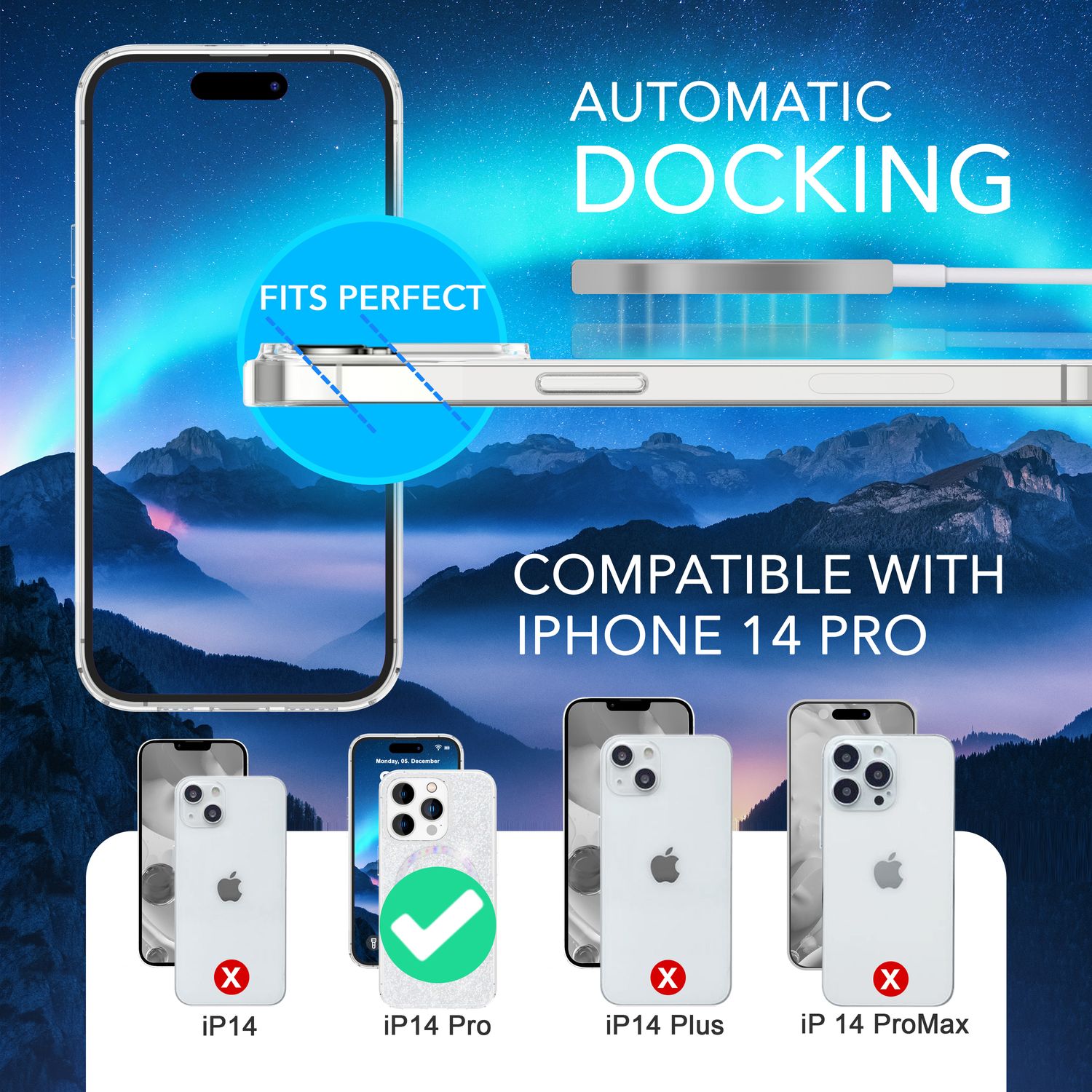 Glitzer-Hülle MagSafe und 2x Schutzglas für iPhone 14 Pro, Klar Display Folie