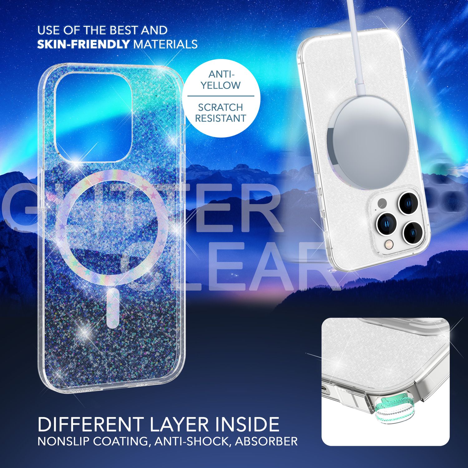 Glitzer-Hülle MagSafe und 2x Schutzglas für iPhone 14 Pro, Klar Display Folie