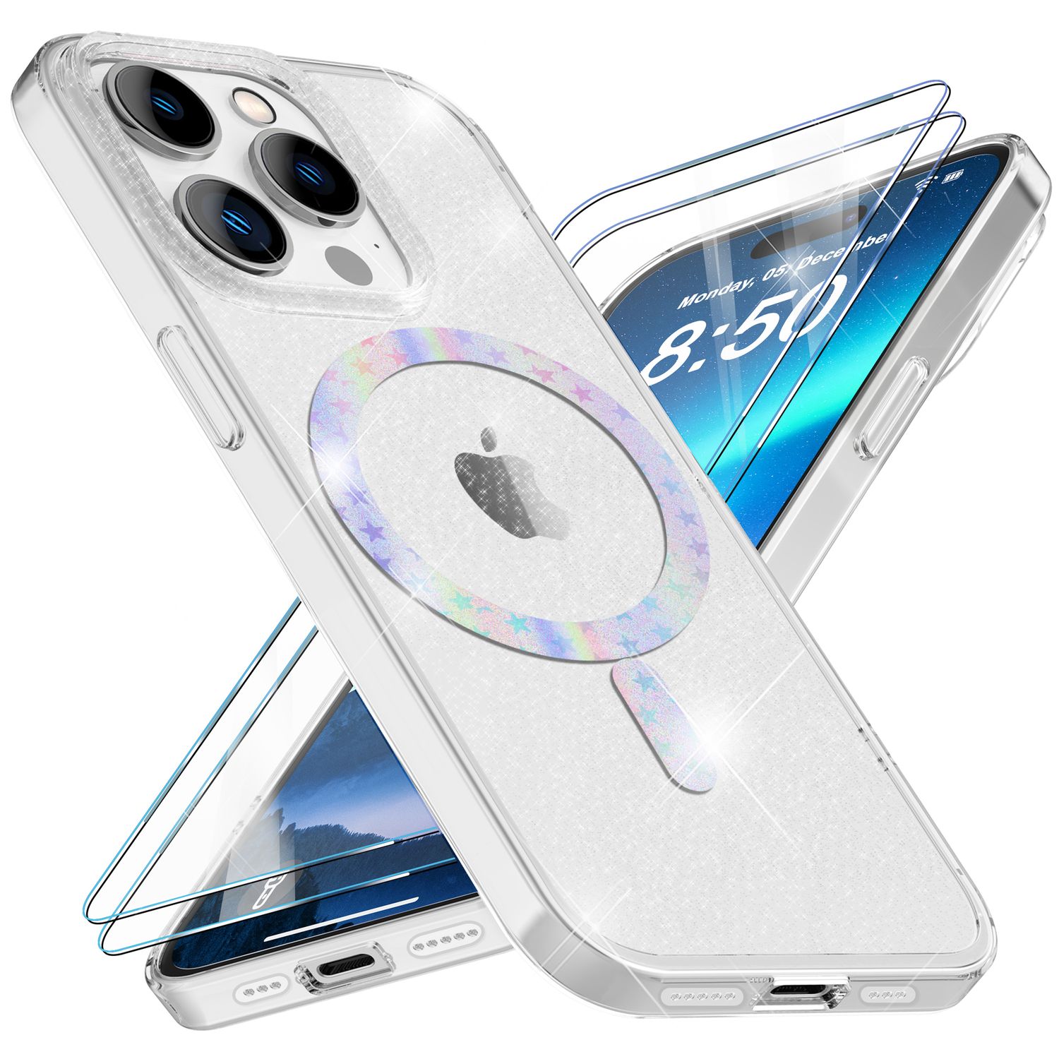 Glitzer-Hülle MagSafe und 2x Schutzglas für iPhone 14 Pro Max, Case Klar Folie