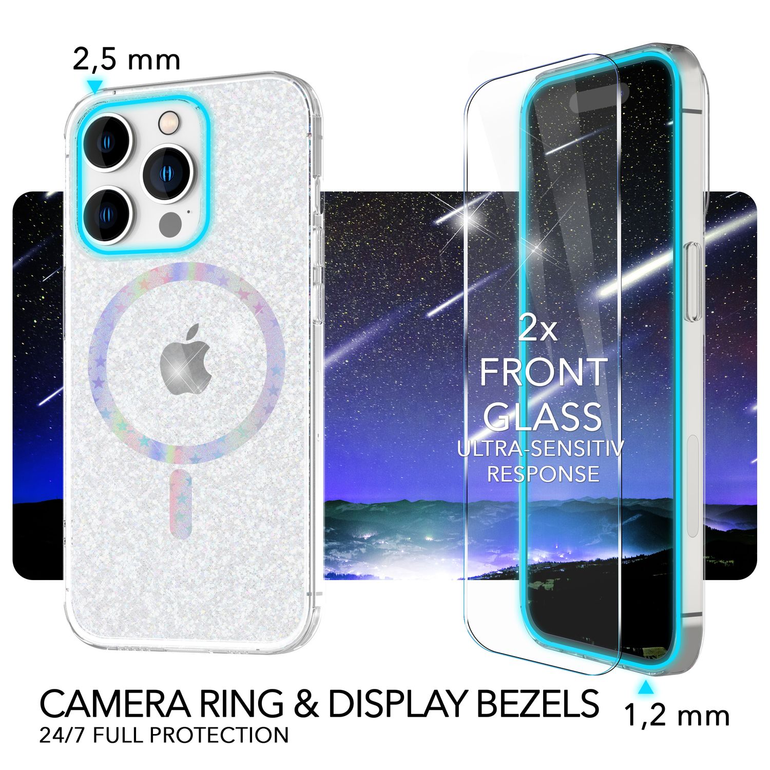 Glitzer-Hülle MagSafe und 2x Schutzglas für iPhone 14 Pro Max, Case Klar Folie Default Title NALIA Transparente Hülle