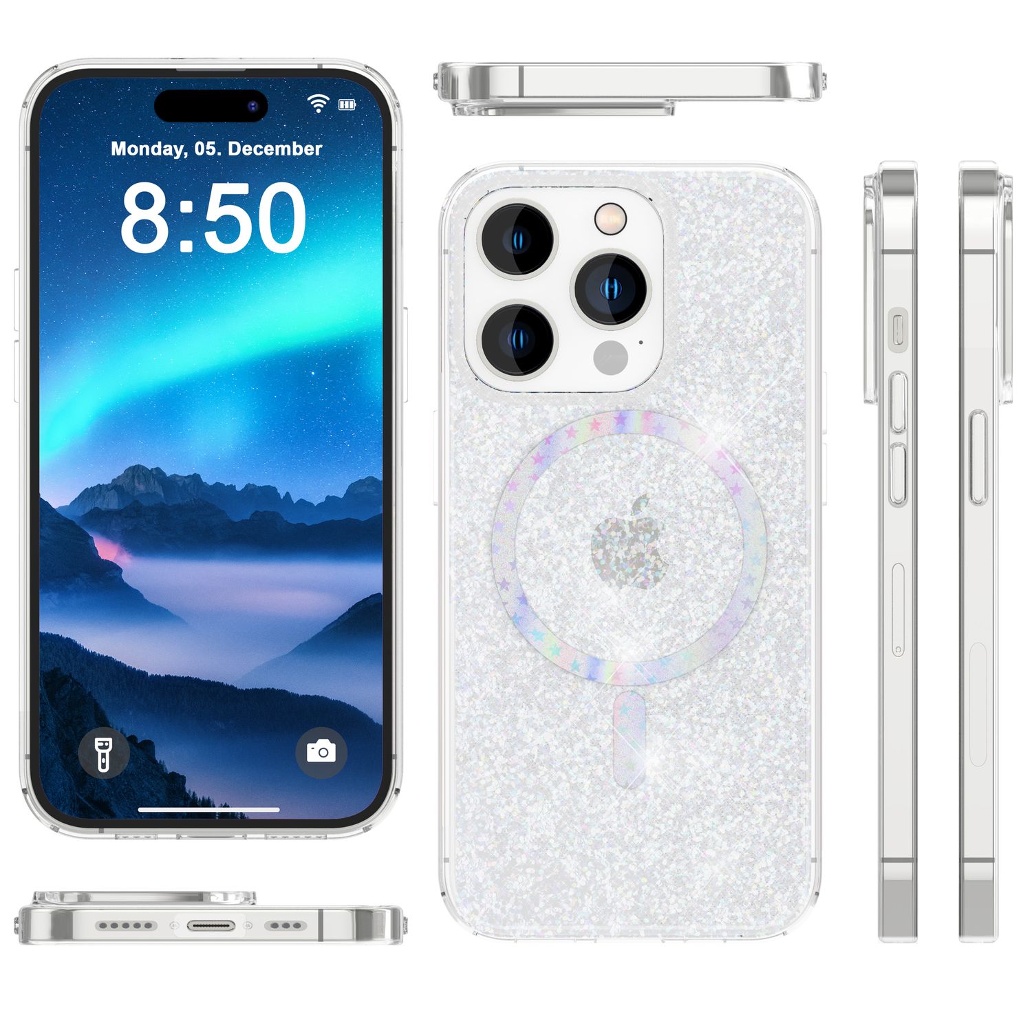 Glitzer-Hülle MagSafe und 2x Schutzglas für iPhone 14 Pro Max, Case Klar Folie Default Title NALIA Transparente Hülle