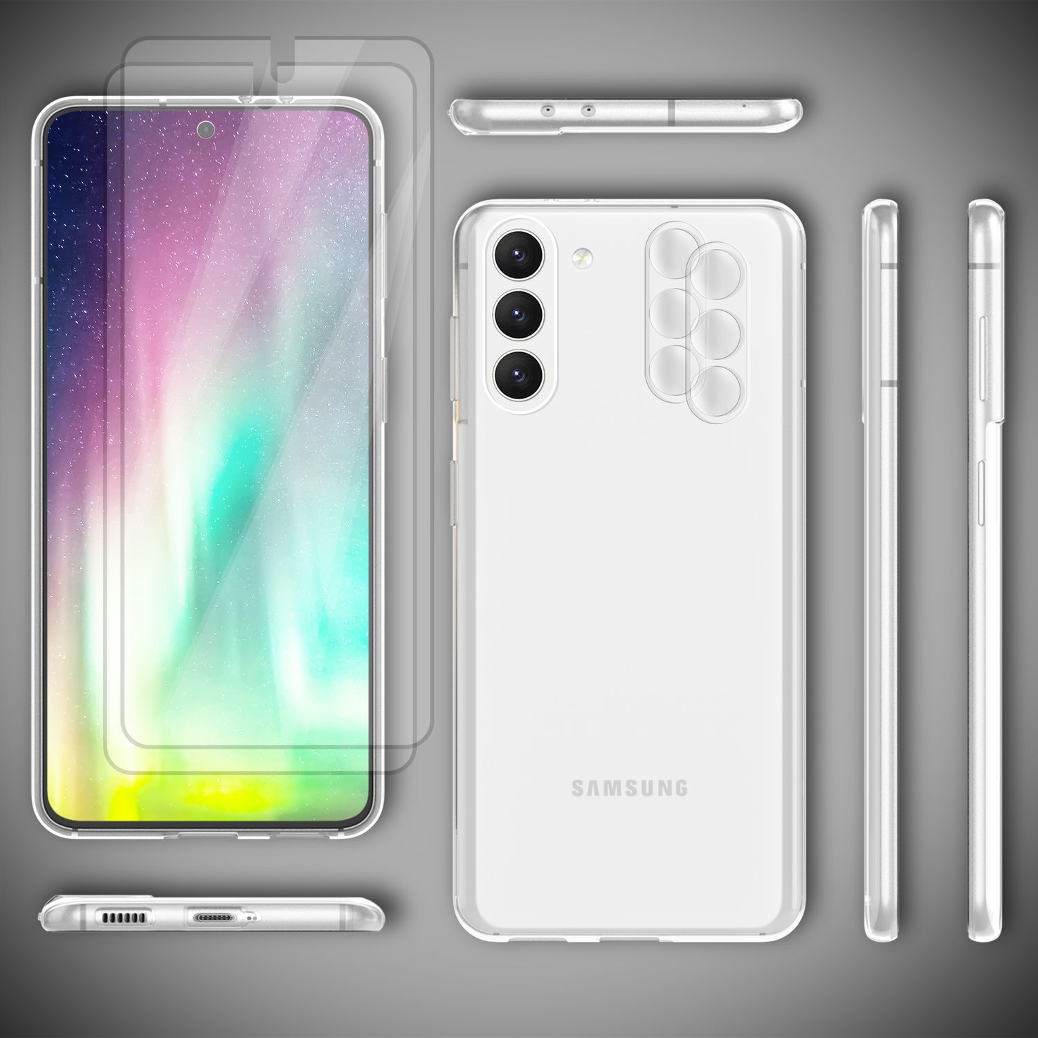 Klare Silikon Hülle für Samsung Galaxy S23, 2x Displayschutz Glas & Kameraschutz