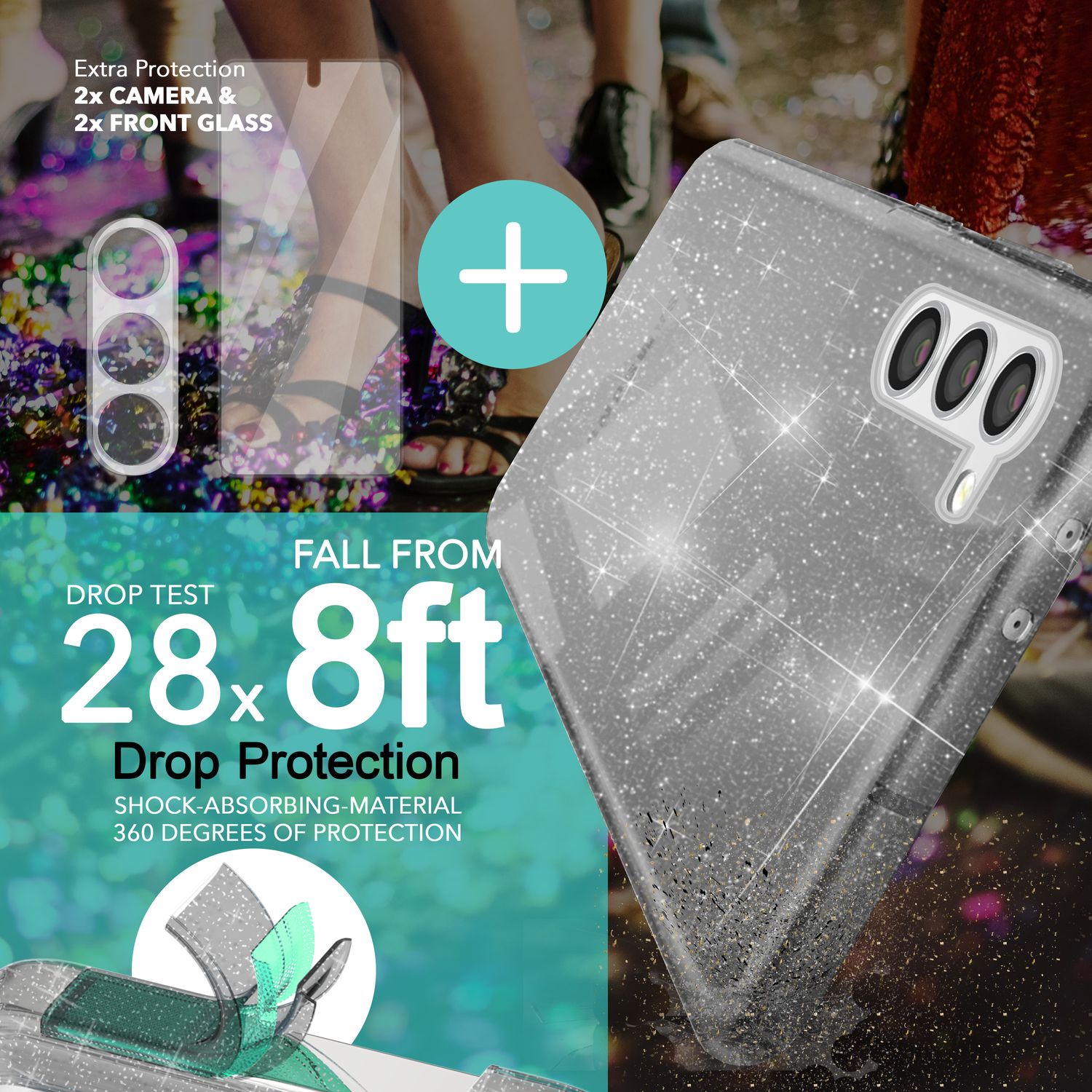 Glitzer Hülle für Samsung Galaxy S23, 2x Displayglas & Kameraschutz