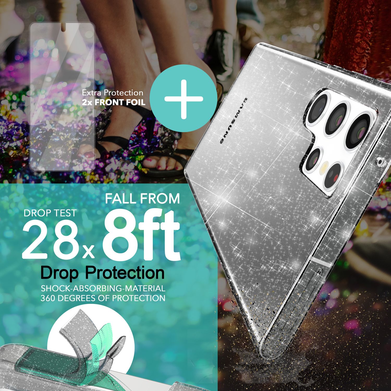 Glitzer Hülle für Samsung Galaxy S23 Ultra, 2x Displayschutz Folie