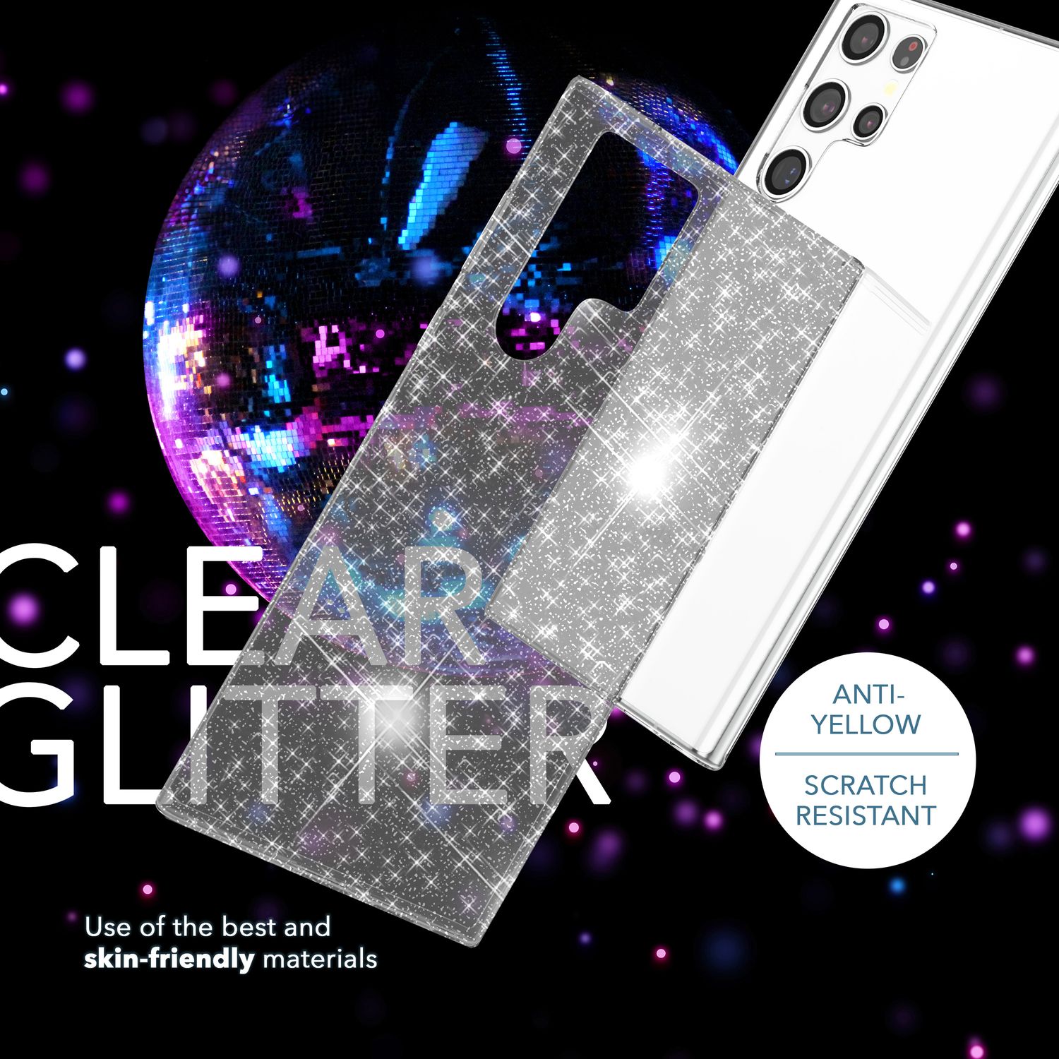 Glitzer Hülle für Samsung Galaxy S23 Ultra, 2x Displayschutz Folie
