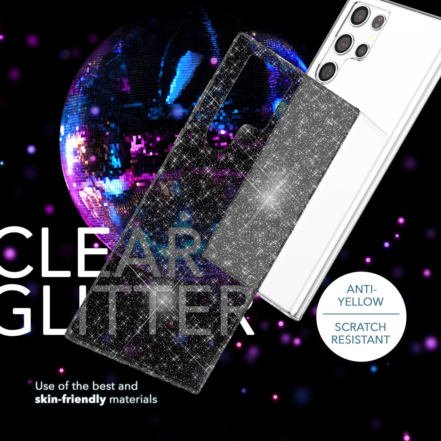 Glitzer Hülle für Samsung Galaxy S23 Ultra, 2x Displayschutz Folie
